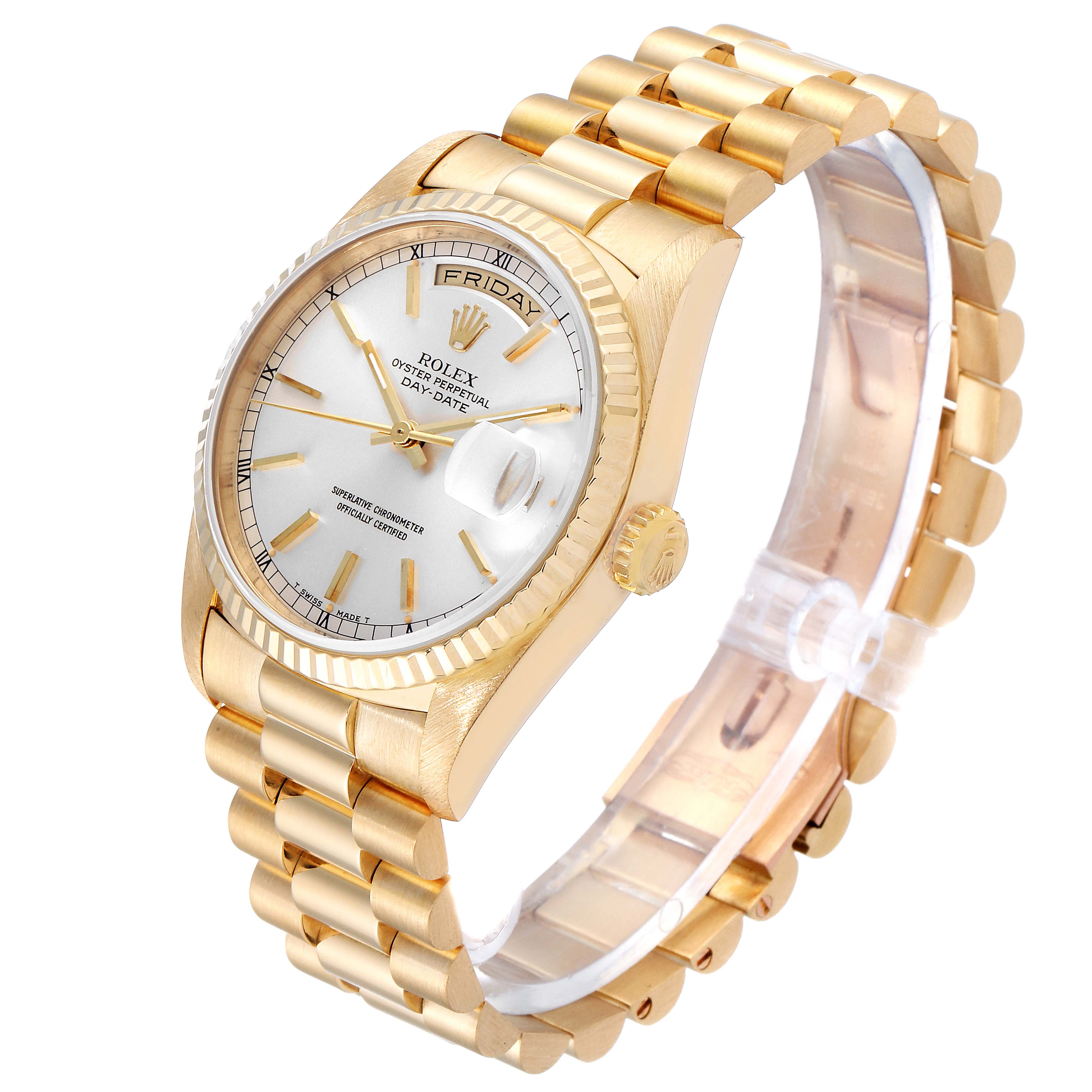This image shows a side angle of a gold Rolex President 18238 Men's Yellow Gold Silver Dial 18238 Men's Yellow Gold Silver Dial model watch, revealing the dial, bezel, crown, and bracelet.