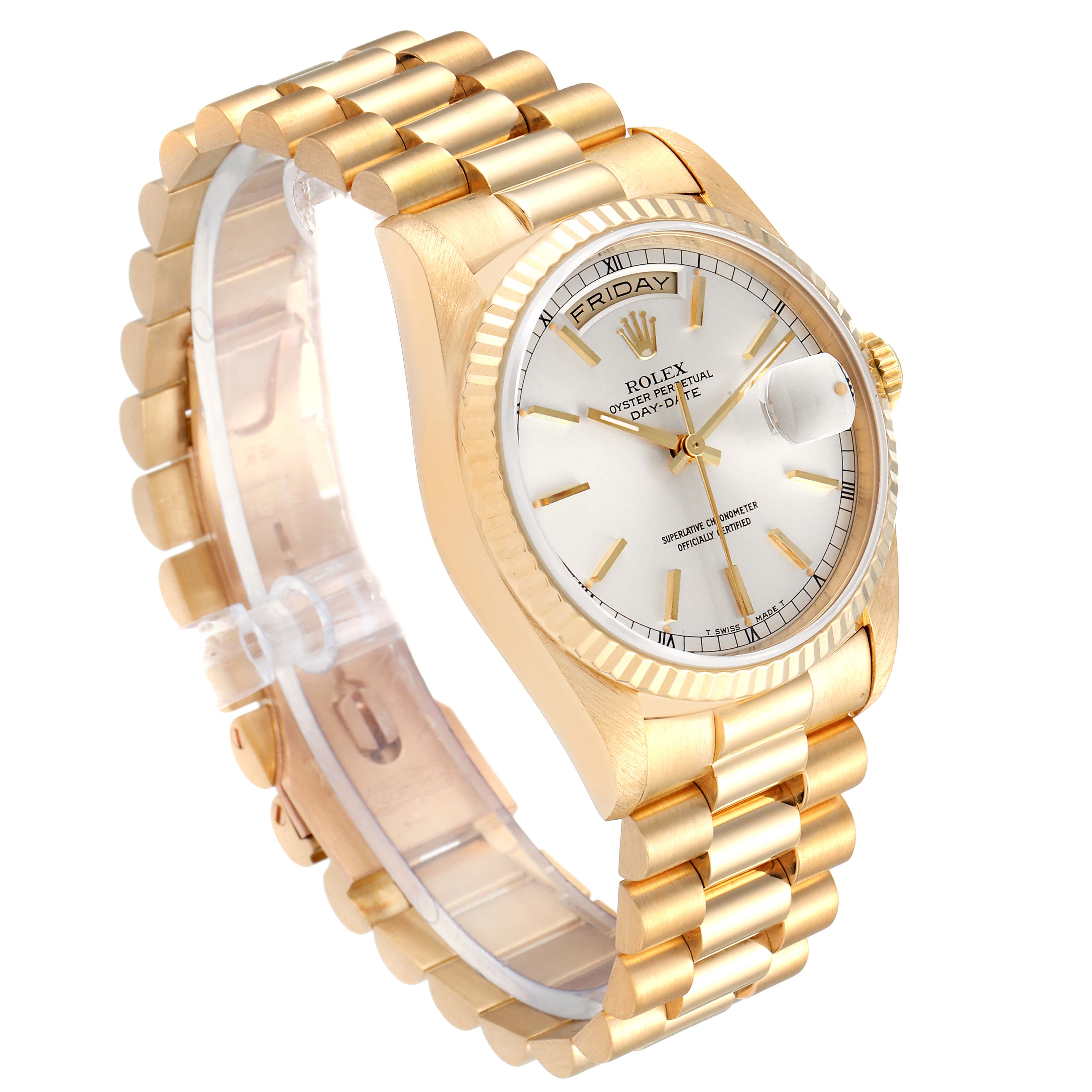 The image shows a Rolex President 18238 Men's Yellow Gold Silver Dial 18238 Men's Yellow Gold Silver Dial model watch at a three-quarter angle, highlighting its gold band, bezel, dial, and day-date feature.