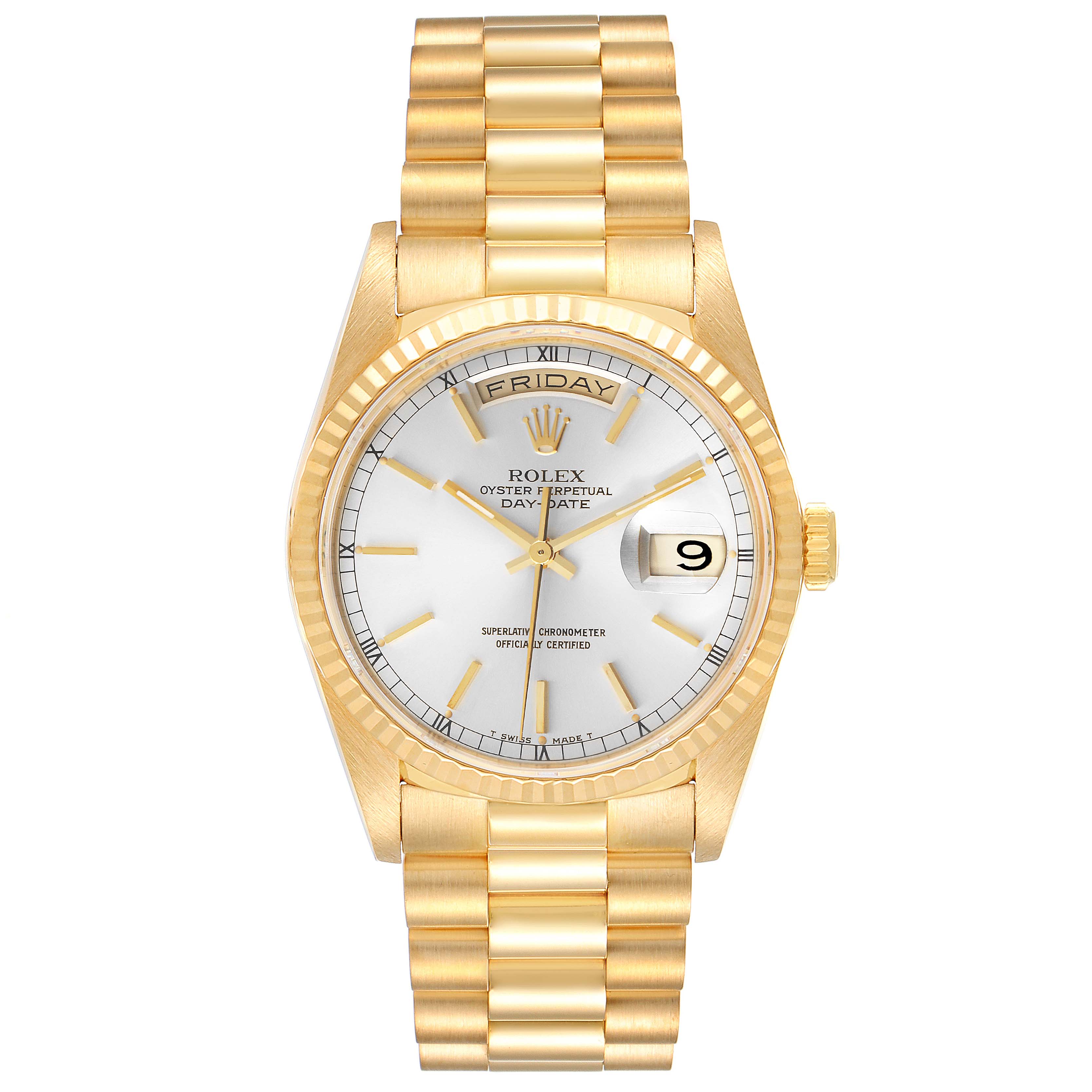 This image shows a frontal view of the Rolex President 18238 Men's Yellow Gold Silver Dial 18238 Men's Yellow Gold Silver Dial model watch, featuring its gold bracelet, white dial, and day-date display.