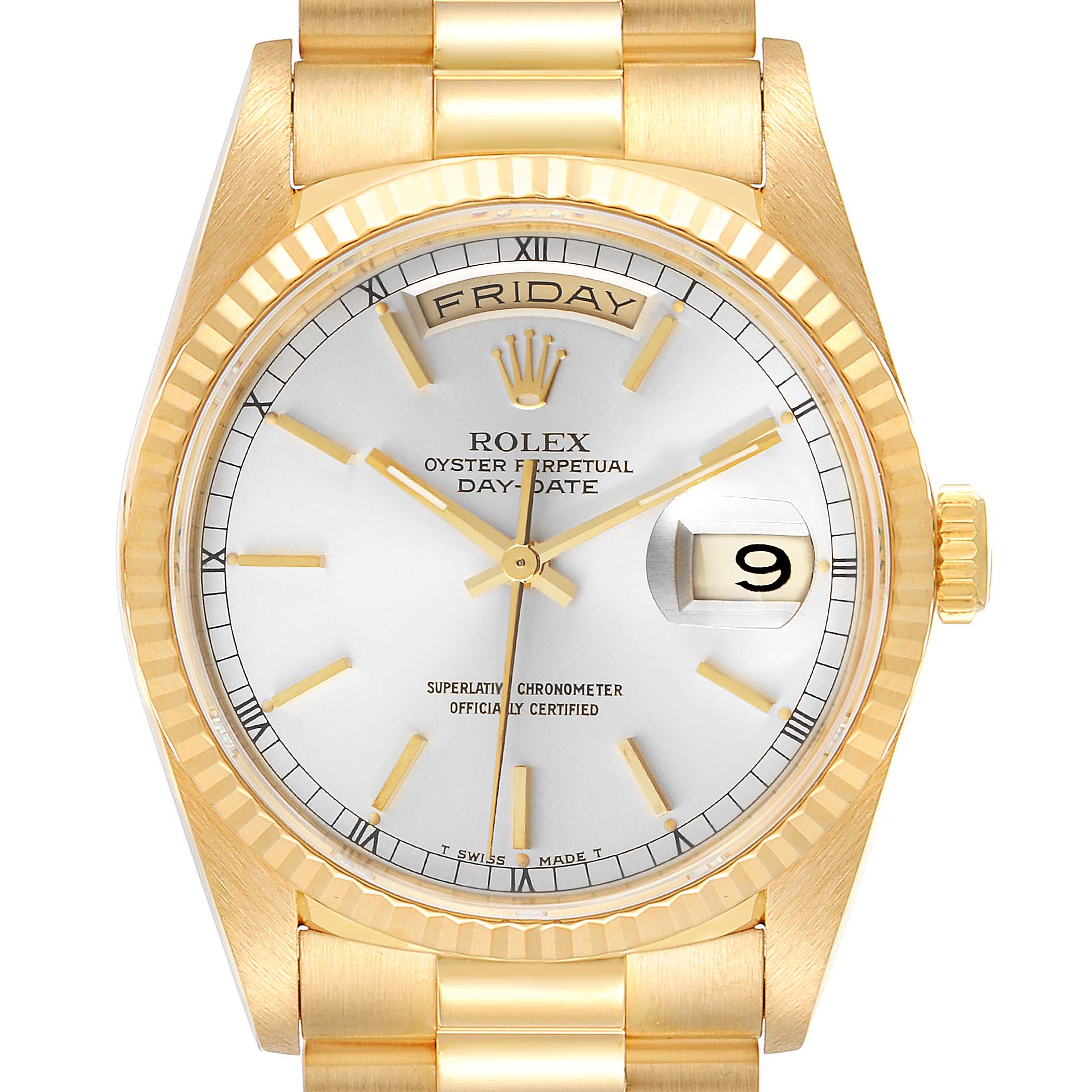 The image shows the dial and bezel of a Rolex President 18238 Men's Yellow Gold Silver Dial 18238 Men's Yellow Gold Silver Dial model watch, highlighting the day, date, and gold detailing.