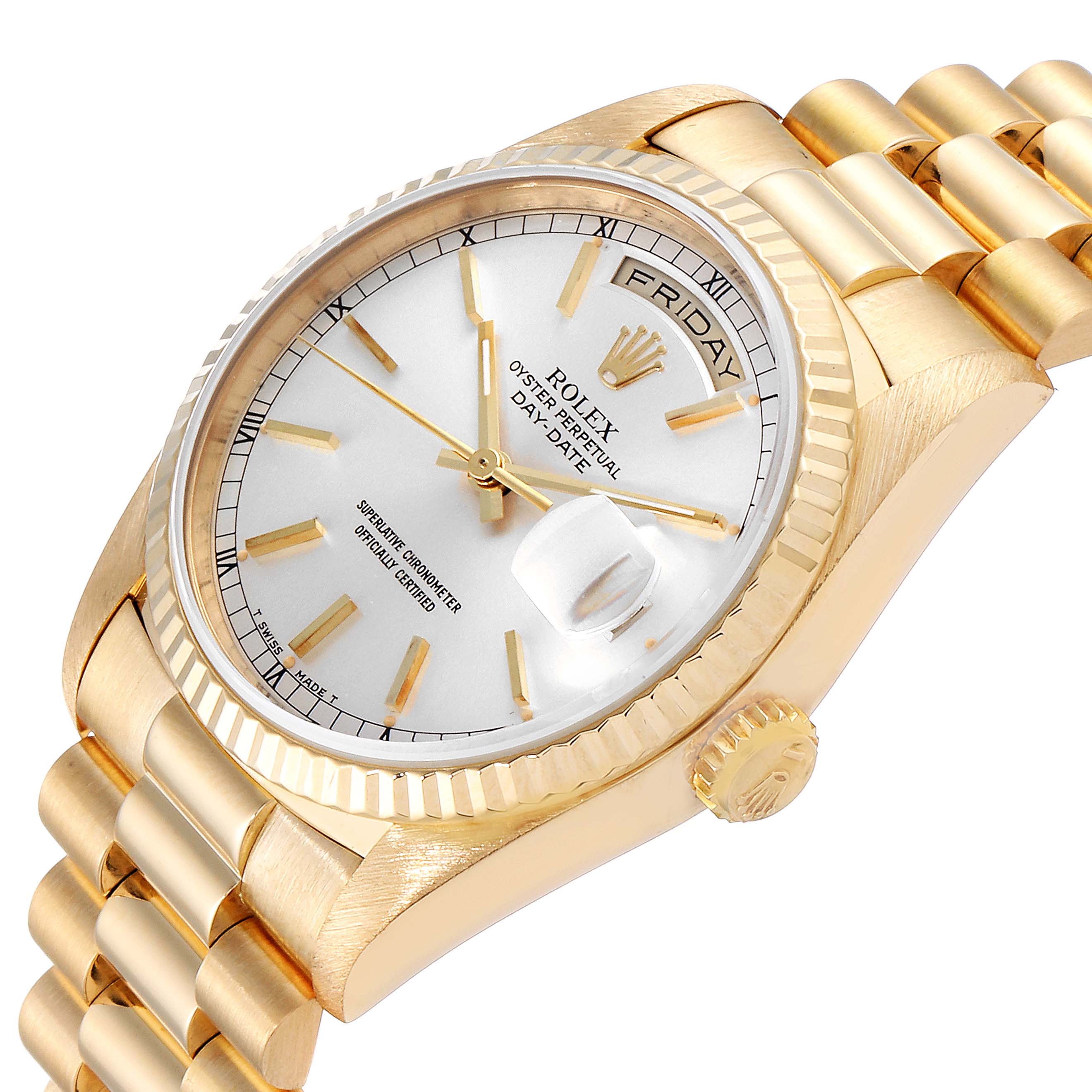 The Rolex President 18238 Men's Yellow Gold Silver Dial 18238 Men's Yellow Gold Silver Dial model watch is shown at an angled top view highlighting the face, day display, crown, and bracelet.