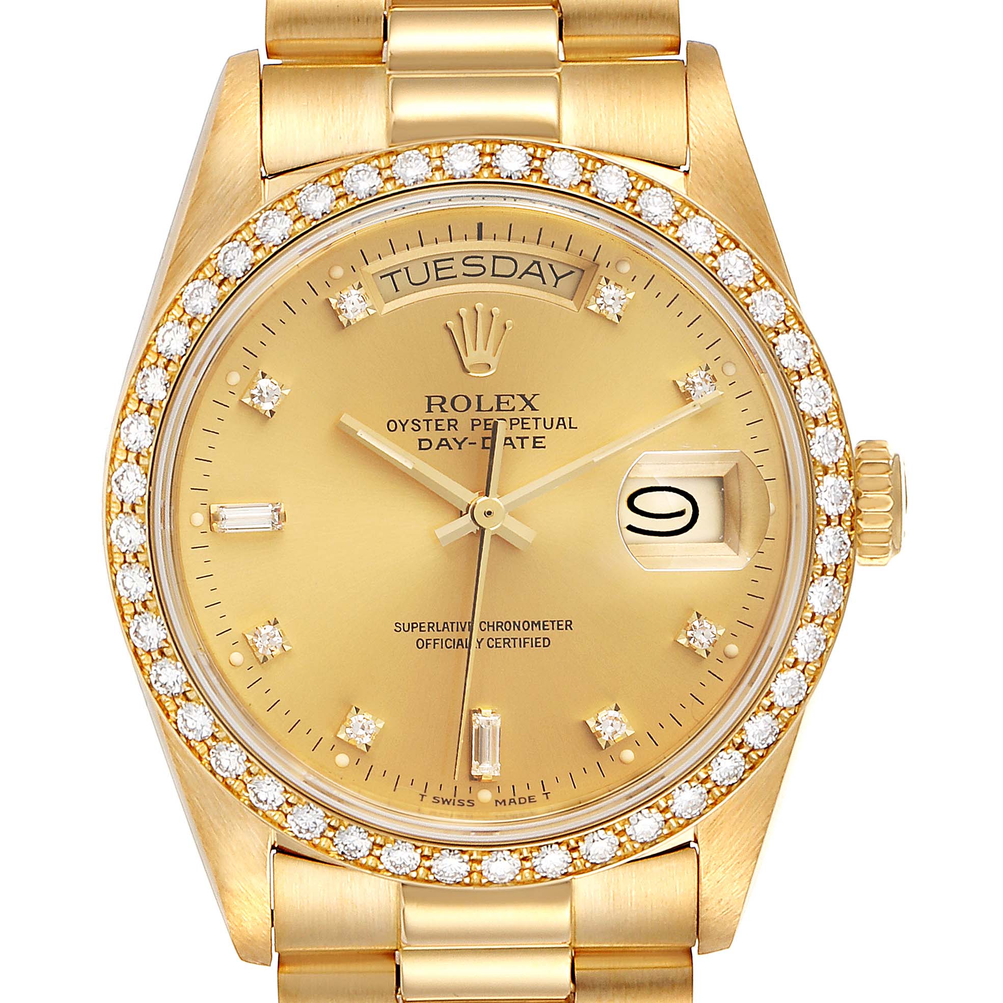 This image shows a front view of a Rolex President 18048 Men
s Yellow Gold Champagne Dial 18048 Men
s Yellow Gold Champagne Dial model watch, highlighting the diamond bezel, dial, and day-date display.