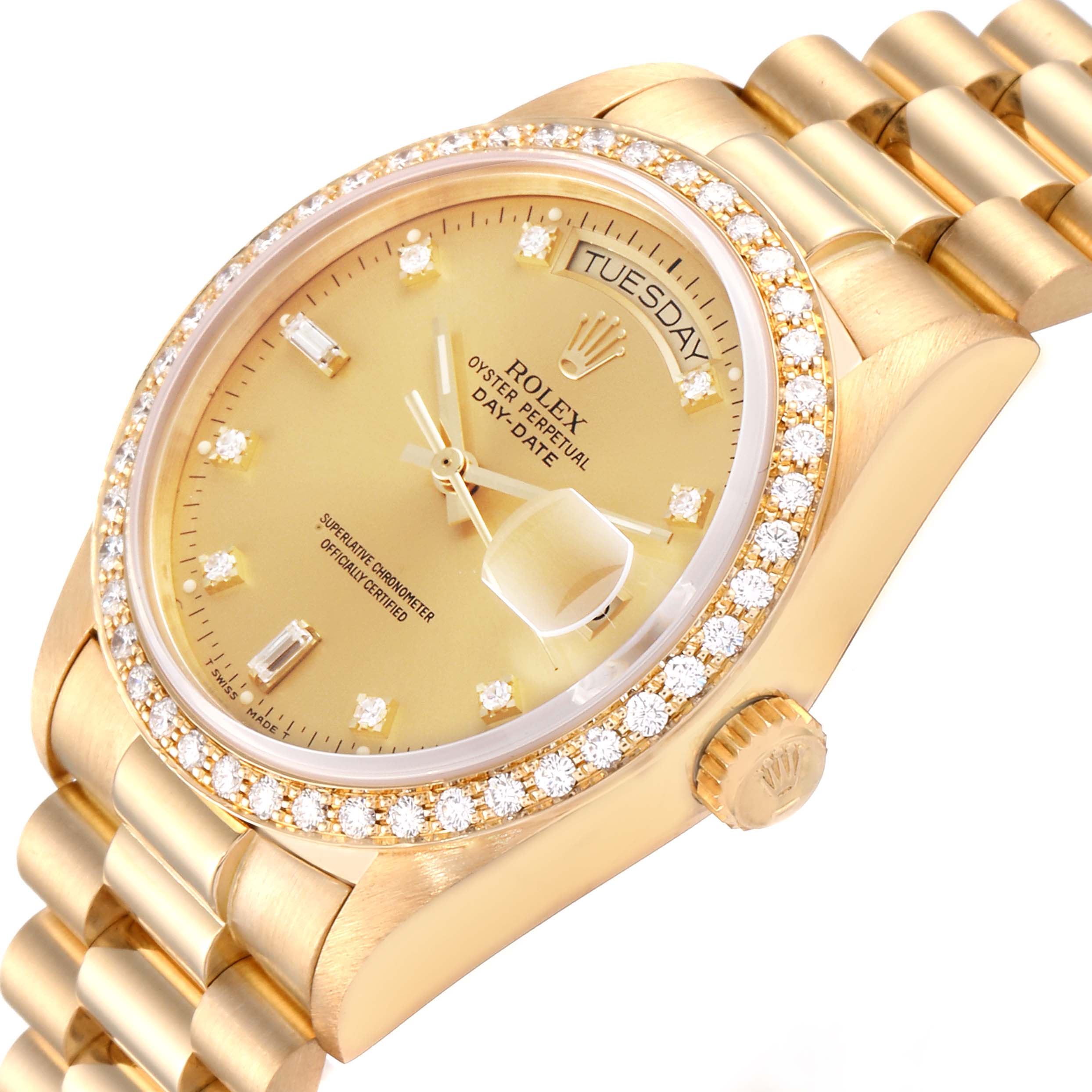 The Rolex President 18048 Men
s Yellow Gold Champagne Dial 18048 Men
s Yellow Gold Champagne Dial model watch is shown at a slight angle, highlighting its dial, bezel, crown, and part of the bracelet.