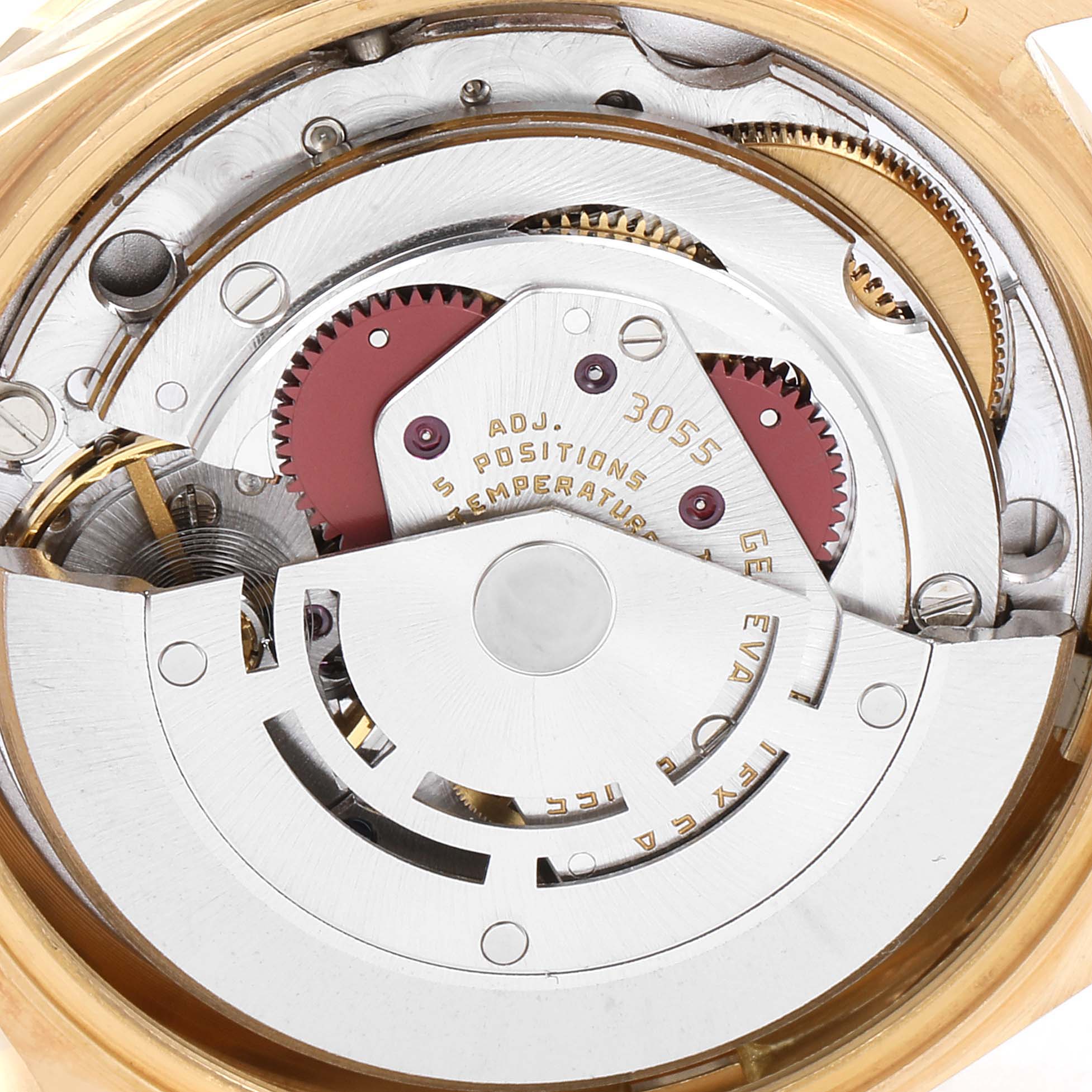 This image shows a close-up of the inner mechanical movement of a Rolex President 18048 Men
s Yellow Gold Champagne Dial 18048 Men
s Yellow Gold Champagne Dial model watch.