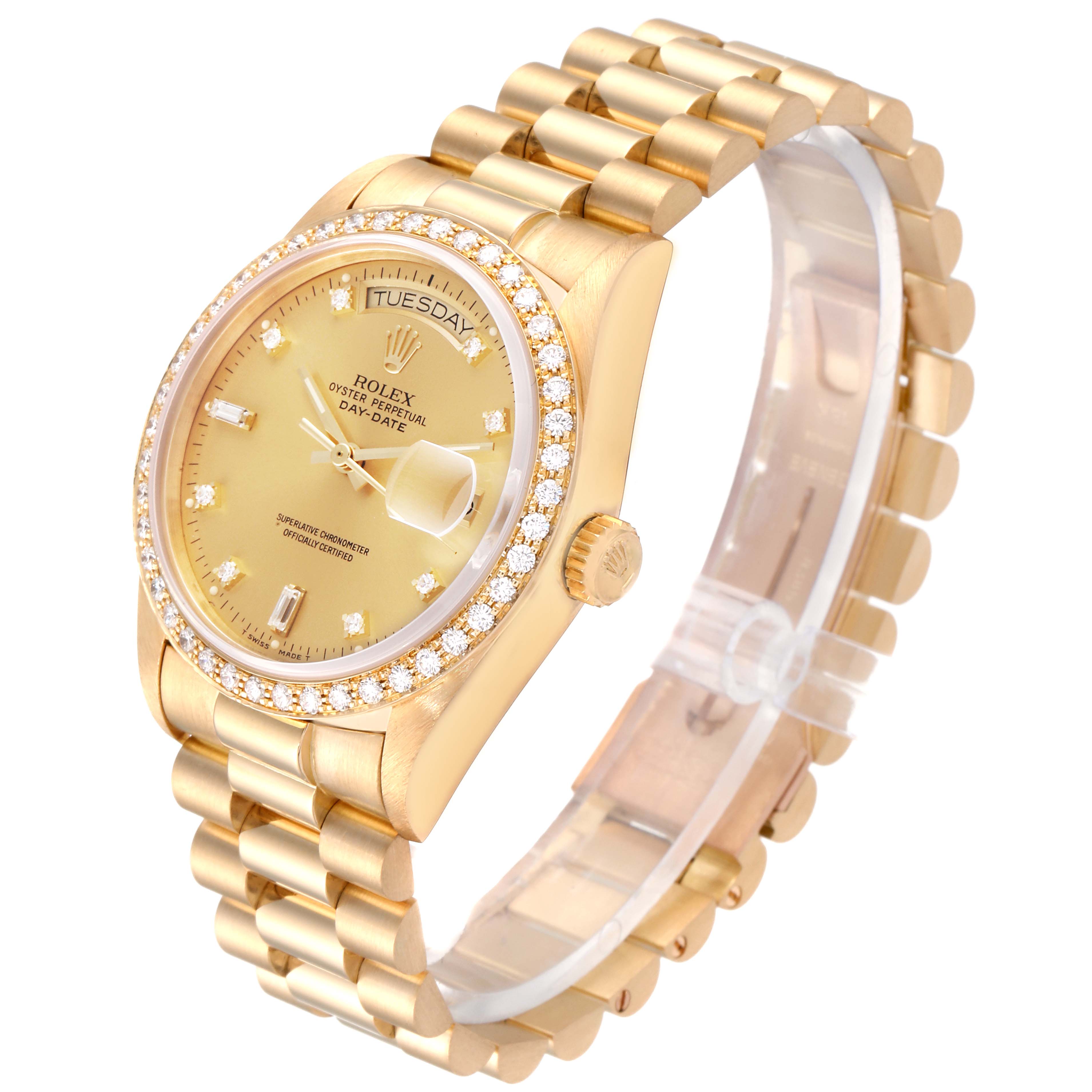 The image shows a Rolex President 18048 Men
s Yellow Gold Champagne Dial 18048 Men
s Yellow Gold Champagne Dial model watch at a three-quarter angle, highlighting its gold case, diamond bezel, and gold bracelet.