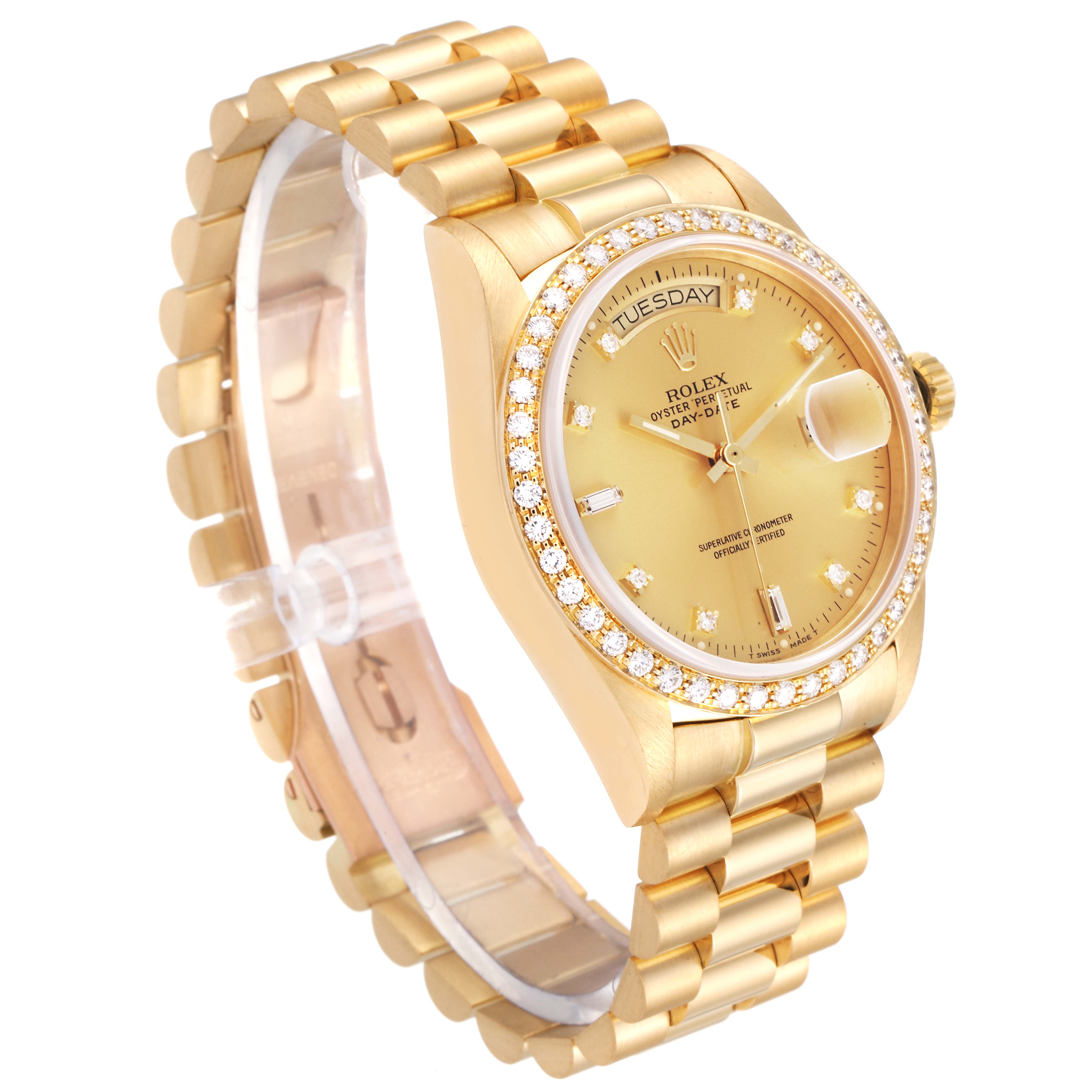 The image shows a Rolex President 18048 Men
s Yellow Gold Champagne Dial 18048 Men
s Yellow Gold Champagne Dial model watch at a 3 o
clock angle, highlighting the bracelet, bezel, dial, and crown.