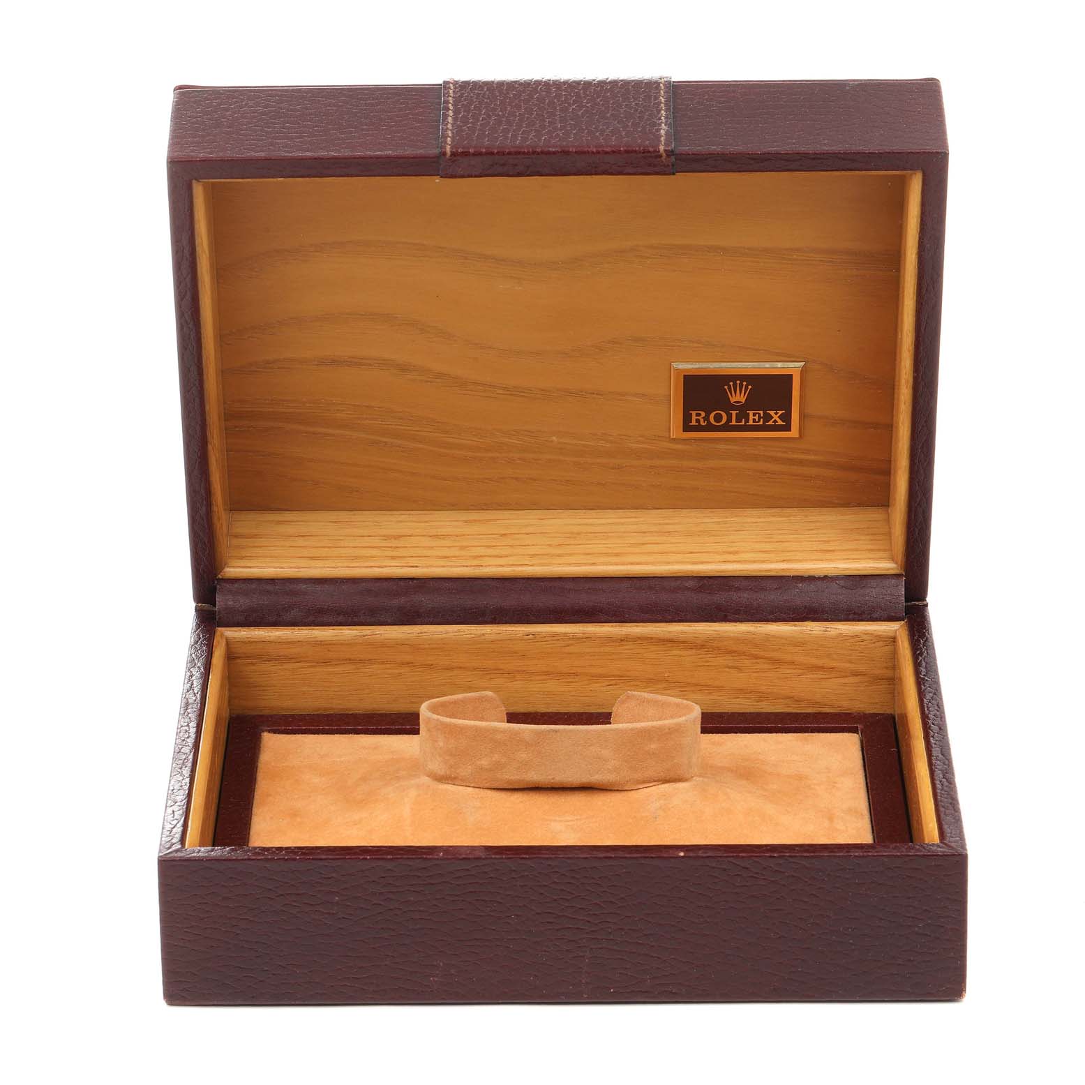 The image shows an open Rolex President 18048 Men
s Yellow Gold Champagne Dial 18048 Men
s Yellow Gold Champagne Dial model watch box with no watch inside, viewed from the front.