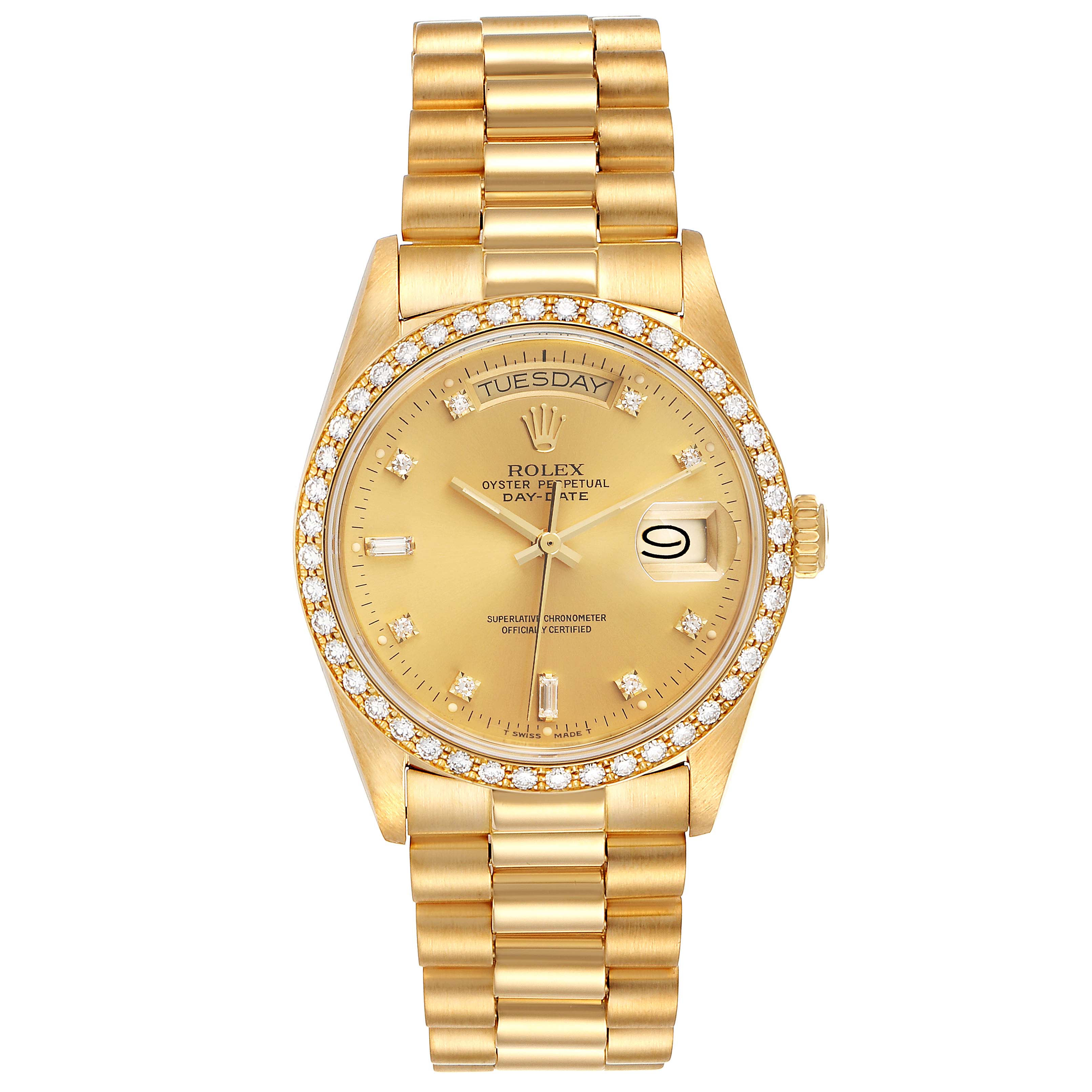 The image shows a front view of a Rolex President 18048 Men
s Yellow Gold Champagne Dial 18048 Men
s Yellow Gold Champagne Dial model watch, featuring a gold band, diamond bezel, day, and date display.
