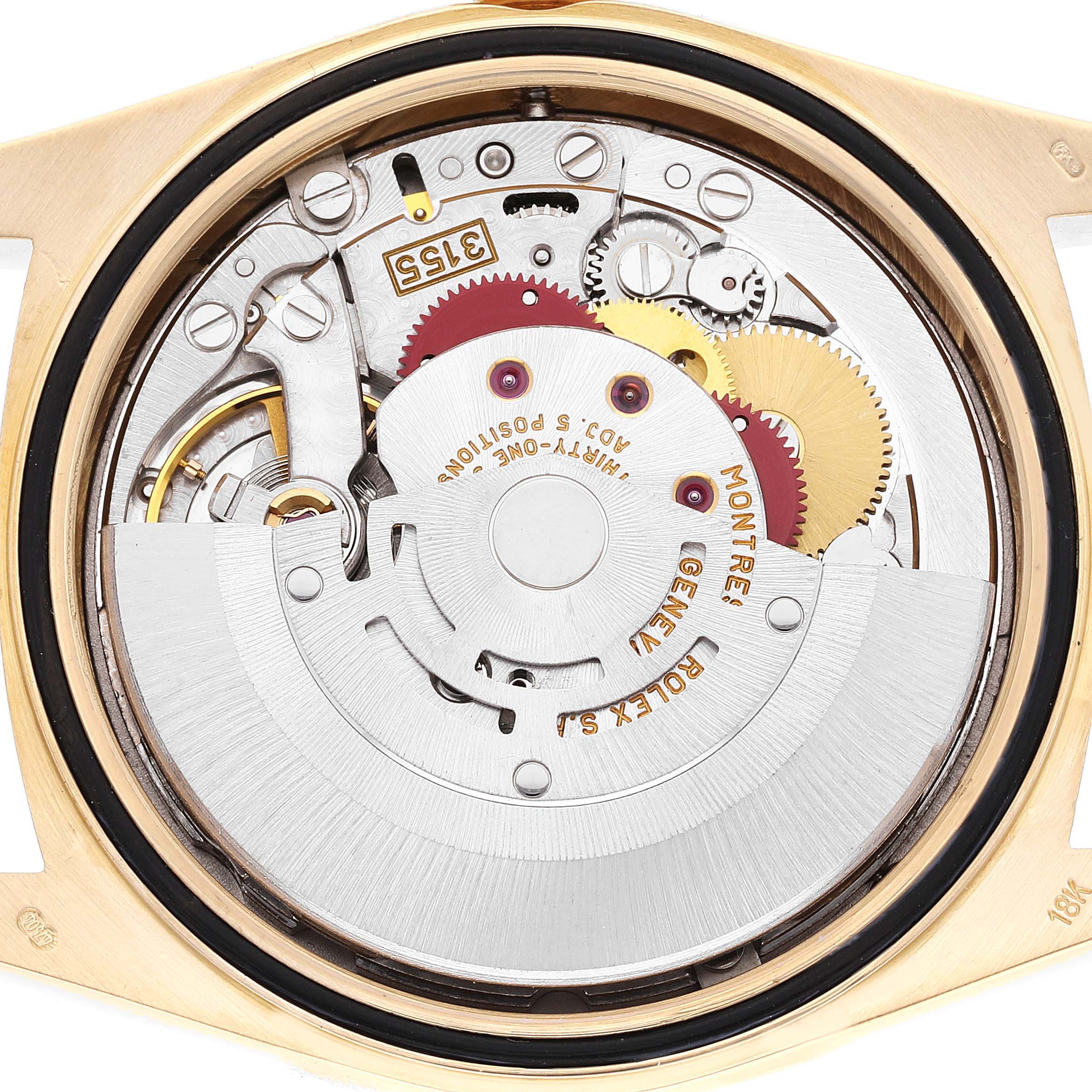 The image shows the internal mechanism of a Rolex President 18338 Men
s Yellow Gold Champagne Dial 18338 Men
s Yellow Gold Champagne Dial model watch, viewed from the back.
