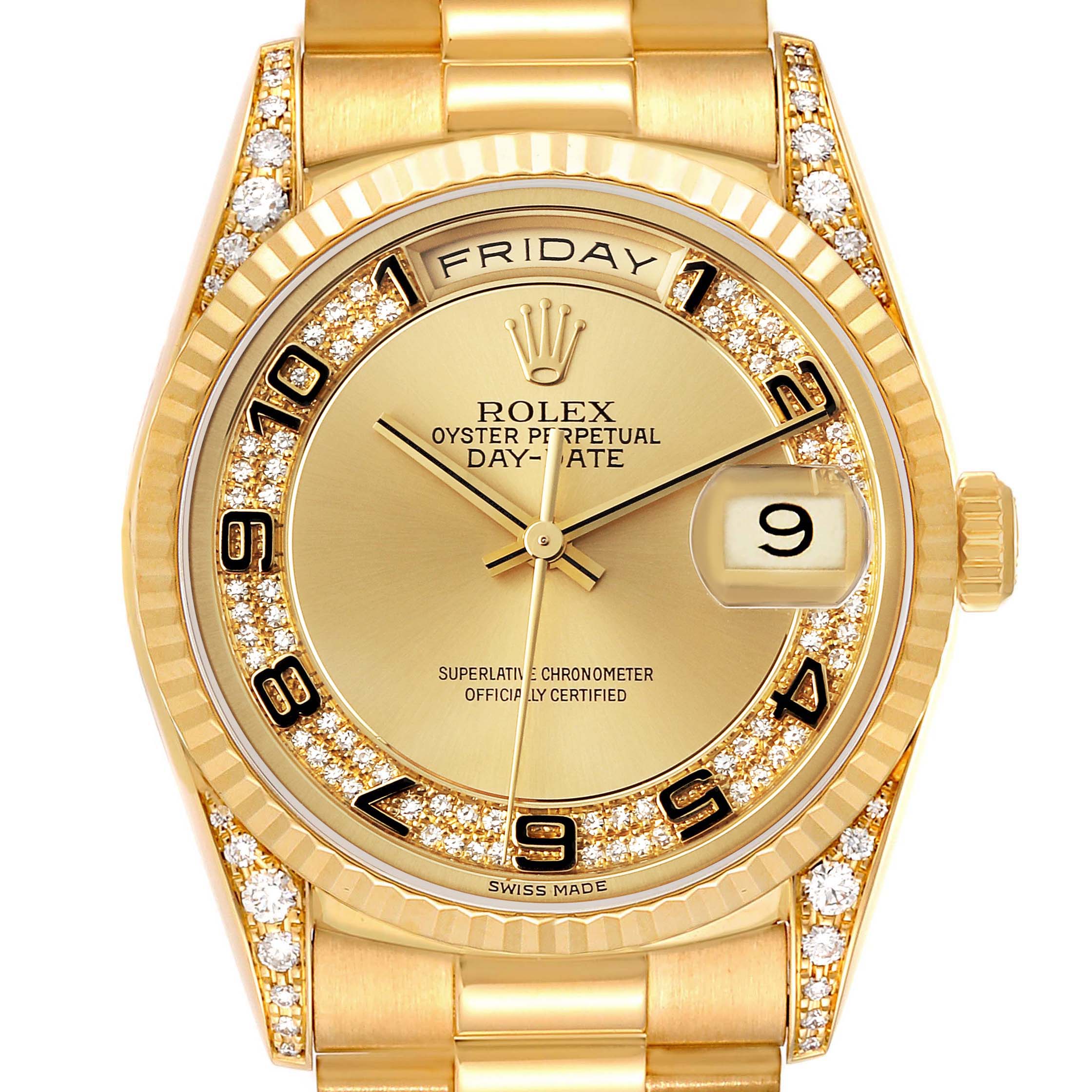 The image shows a front view of a Rolex President 18338 Men
s Yellow Gold Champagne Dial 18338 Men
s Yellow Gold Champagne Dial model watch, displaying the dial, bezel, and parts of the bracelet.