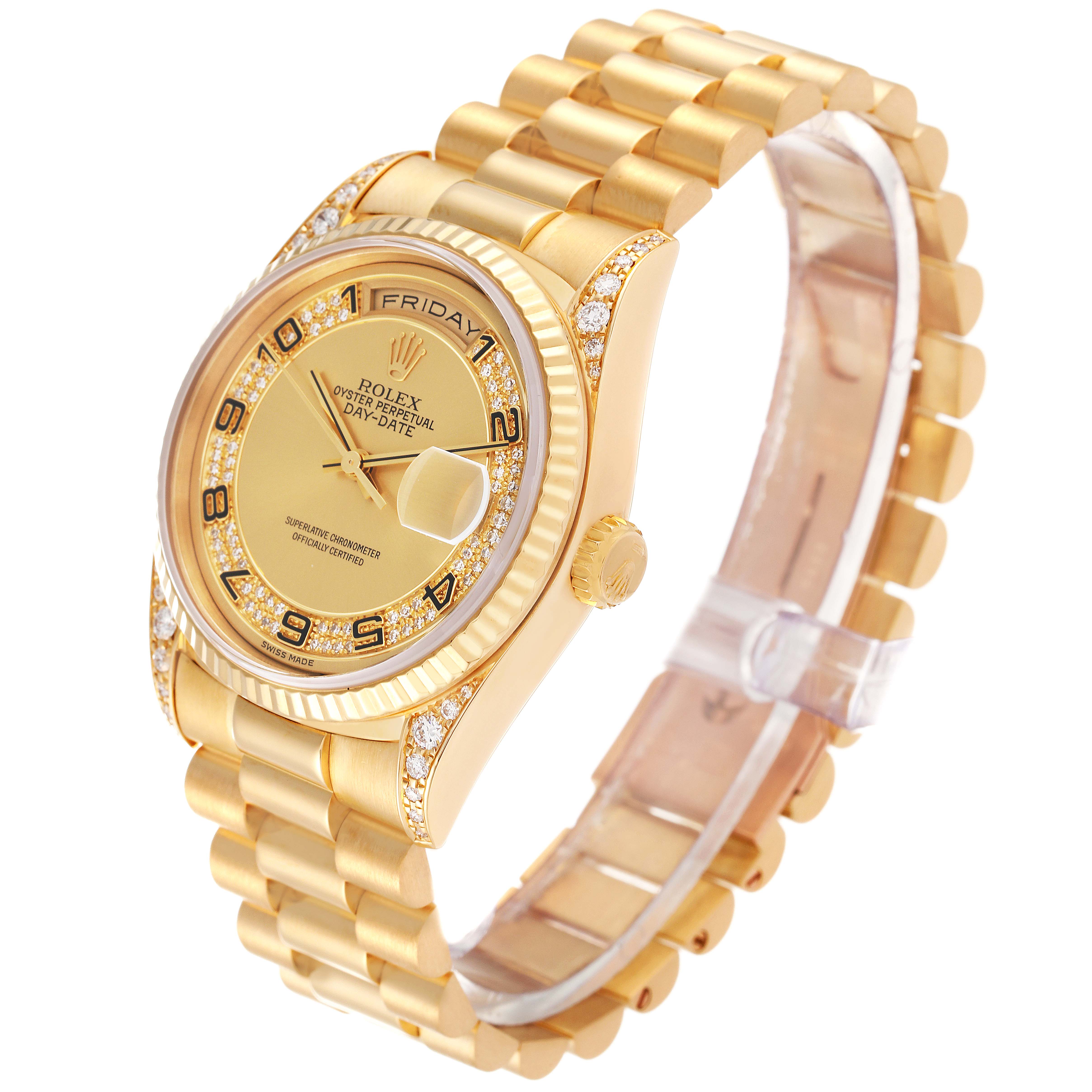 The Rolex President 18338 Men
s Yellow Gold Champagne Dial 18338 Men
s Yellow Gold Champagne Dial model watch is shown at a slight angle, highlighting its gold bracelet, dial, and diamond-encrusted bezel.