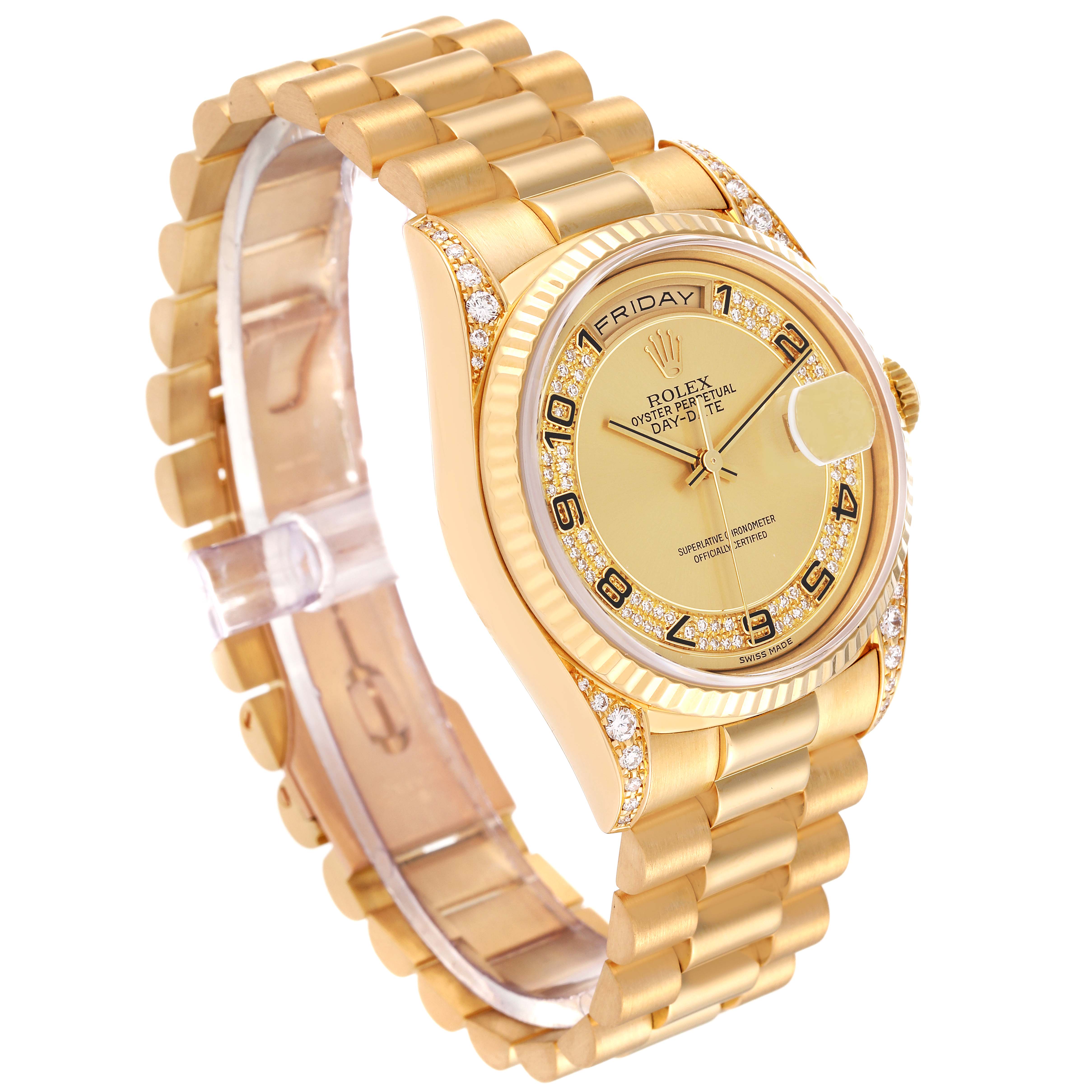 This image shows a side-angle view of the Rolex President 18338 Men
s Yellow Gold Champagne Dial 18338 Men
s Yellow Gold Champagne Dial model watch, highlighting the band, face, and crown.