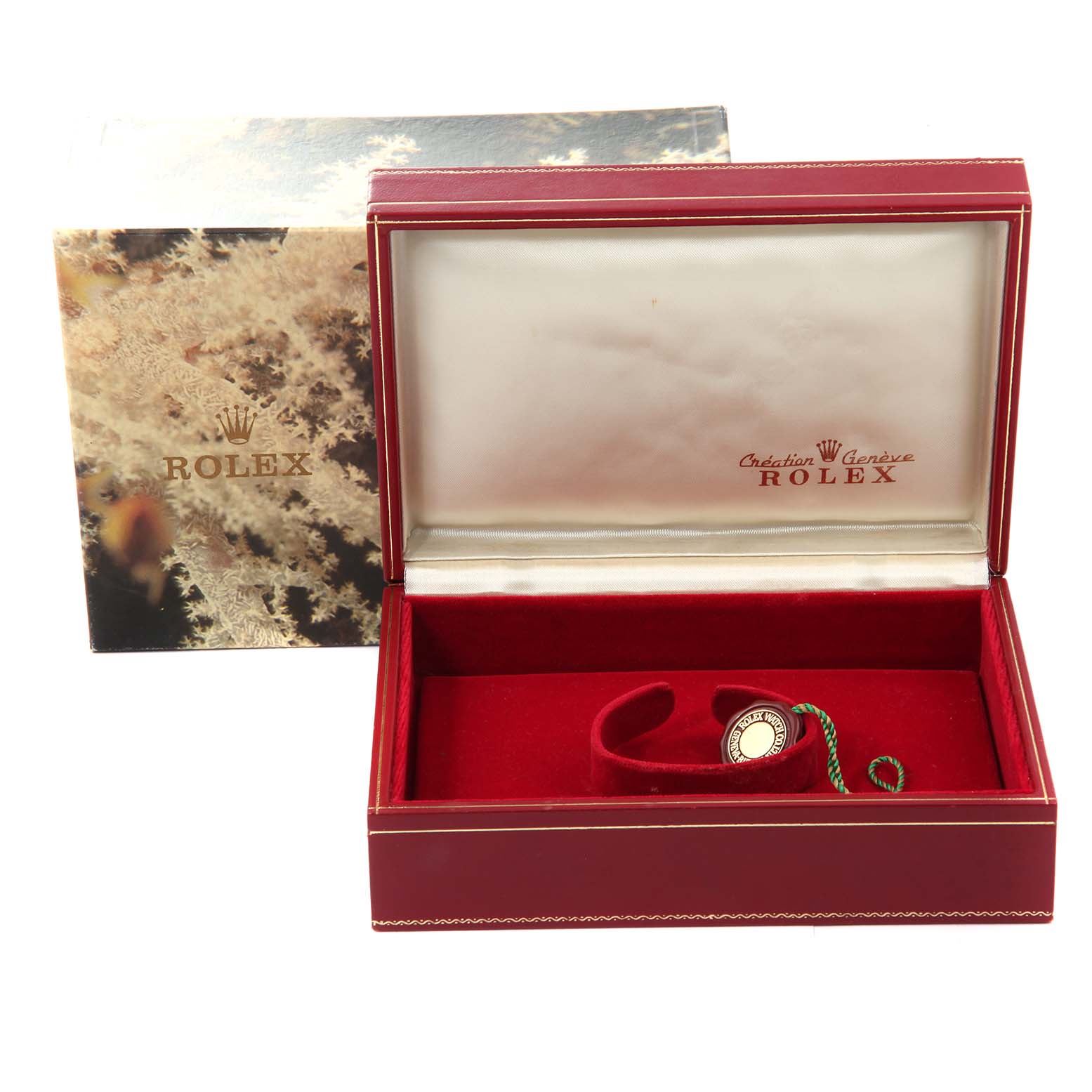 The image shows a Rolex President 69149 Women's White Gold Mother of Pearl Dial 69149 Women's White Gold Mother of Pearl Dial model watch box from a front angle, with the watch and accessories inside.