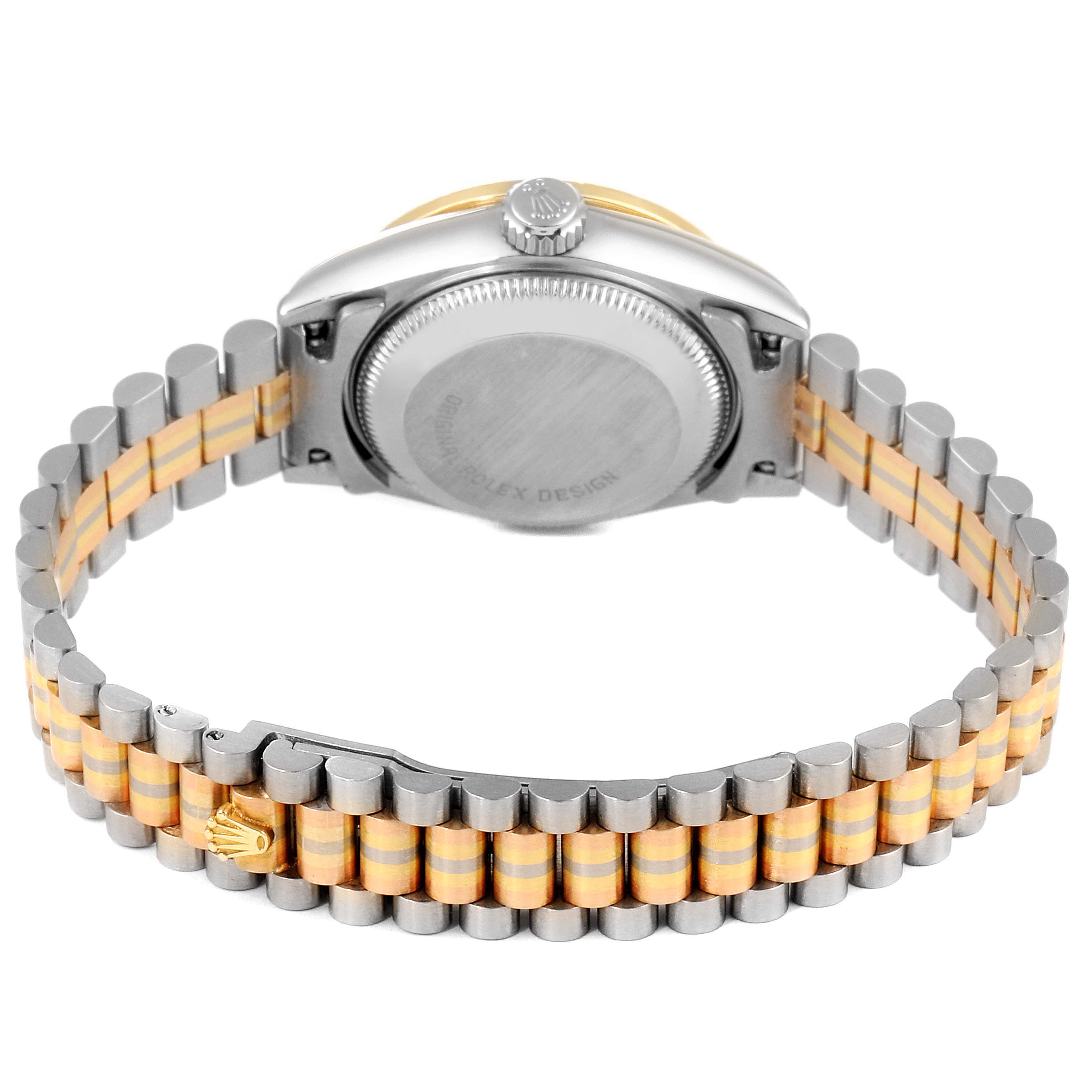 The image shows the back and bracelet of a Rolex President 69149 Women's White Gold Mother of Pearl Dial 69149 Women's White Gold Mother of Pearl Dial model watch from a rear angle.