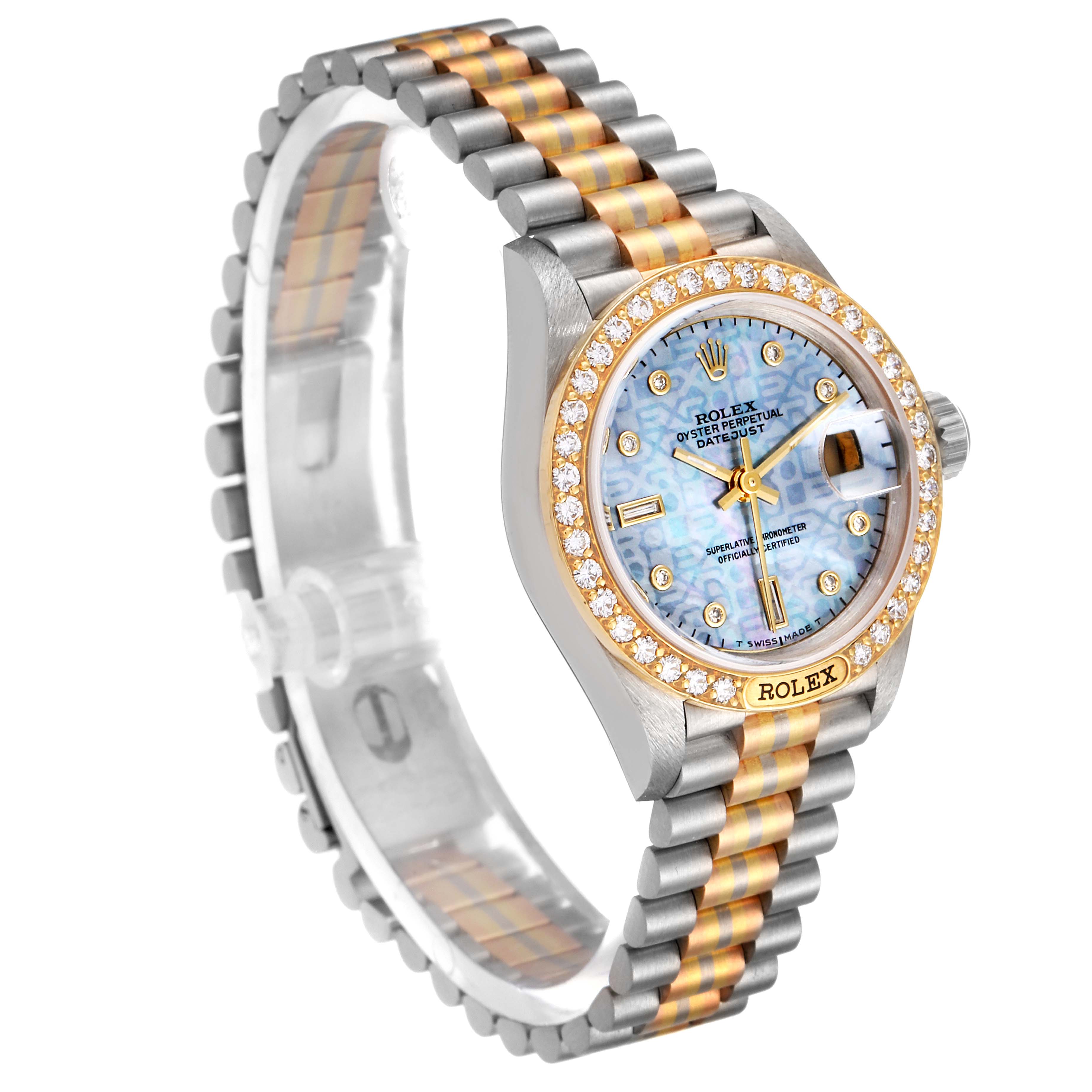 The Rolex President 69149 Women's White Gold Mother of Pearl Dial 69149 Women's White Gold Mother of Pearl Dial model watch is shown at an angled side view, displaying its band, face, dial, and bezel.