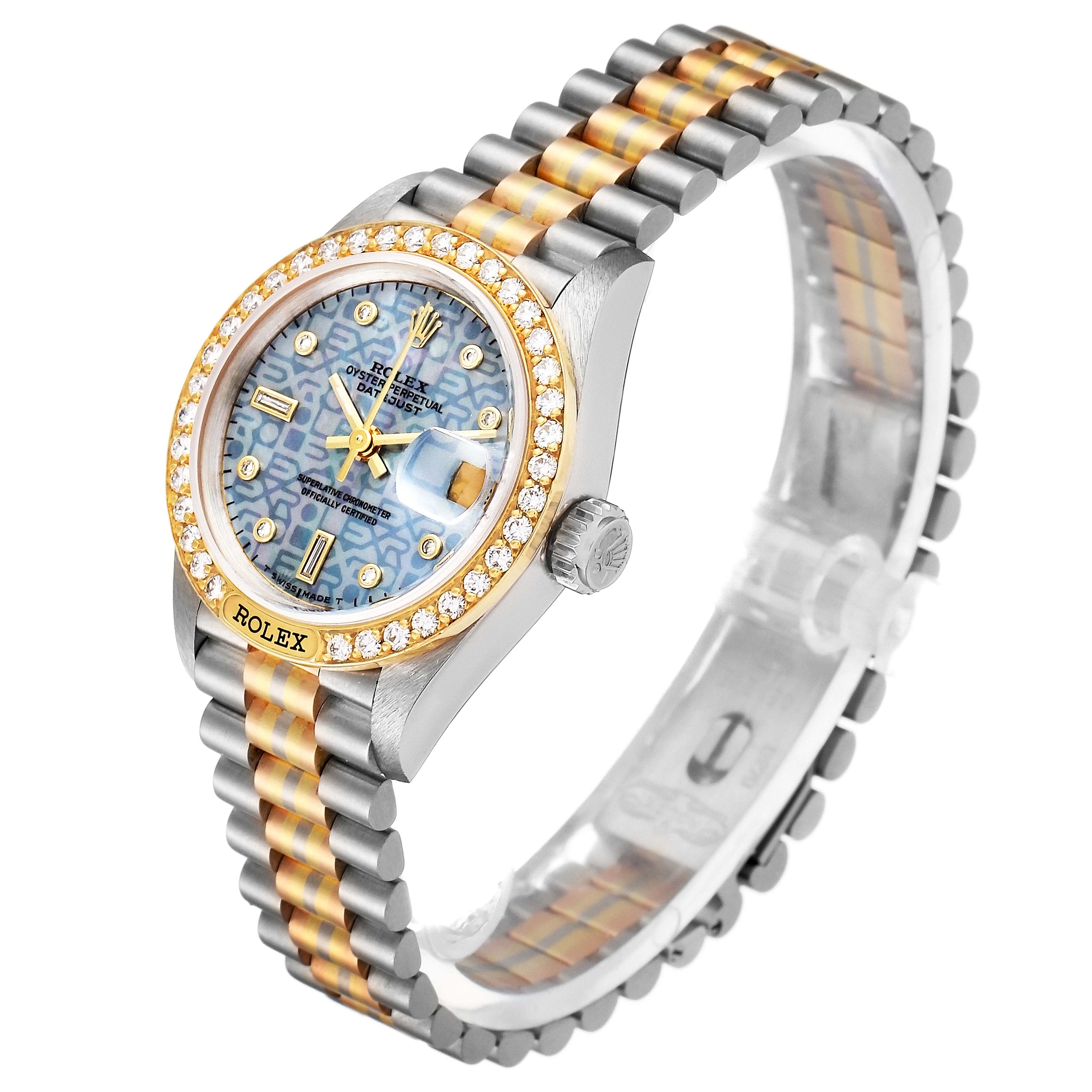 The image shows a Rolex President 69149 Women's White Gold Mother of Pearl Dial 69149 Women's White Gold Mother of Pearl Dial model watch at a slight angle, highlighting the face, bezel, and bracelet.