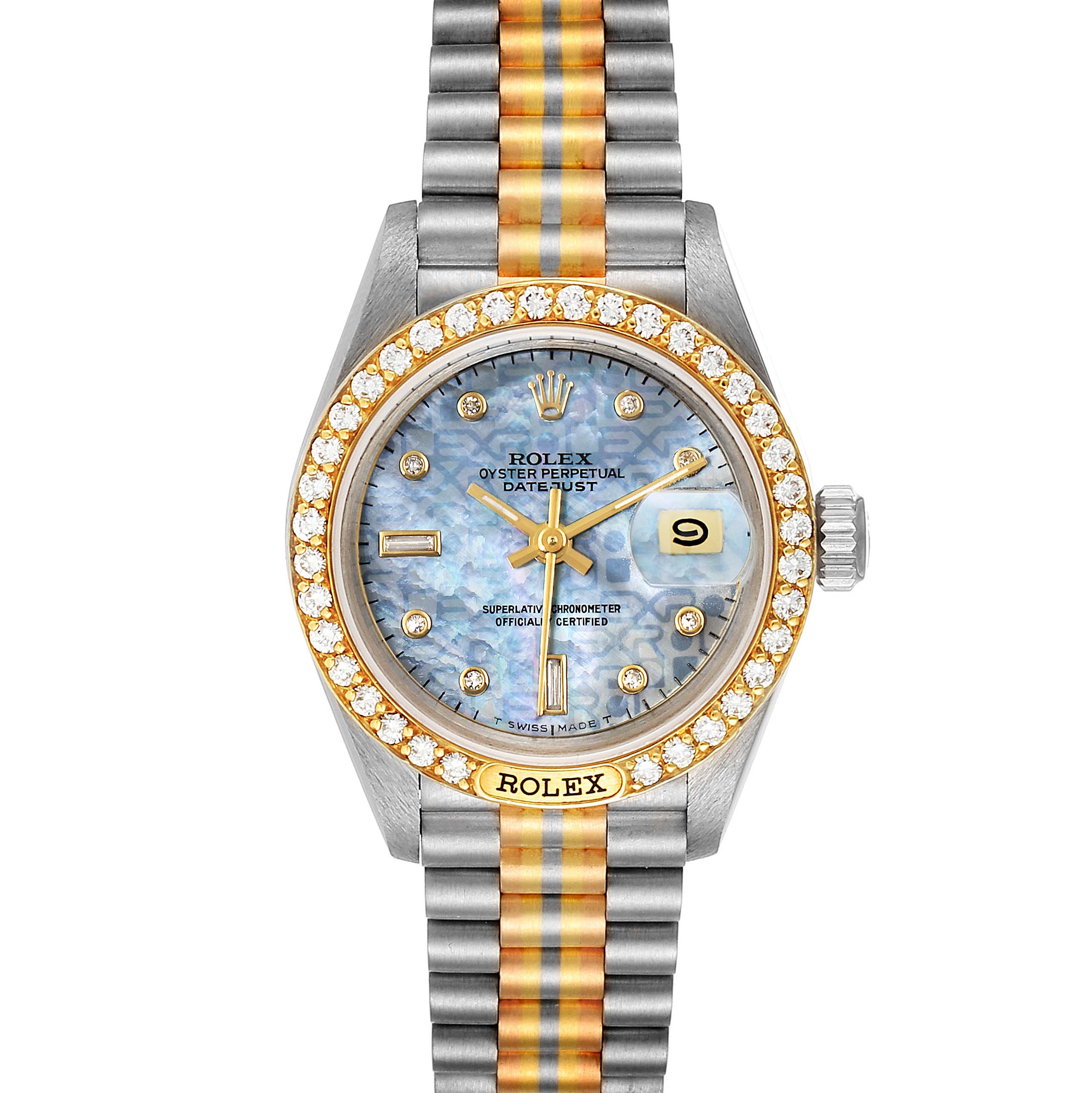 The image shows a Rolex President 69149 Women's White Gold Mother of Pearl Dial 69149 Women's White Gold Mother of Pearl Dial model watch with a round face, diamond bezel, two-tone bracelet, and date display at 3 o'clock.