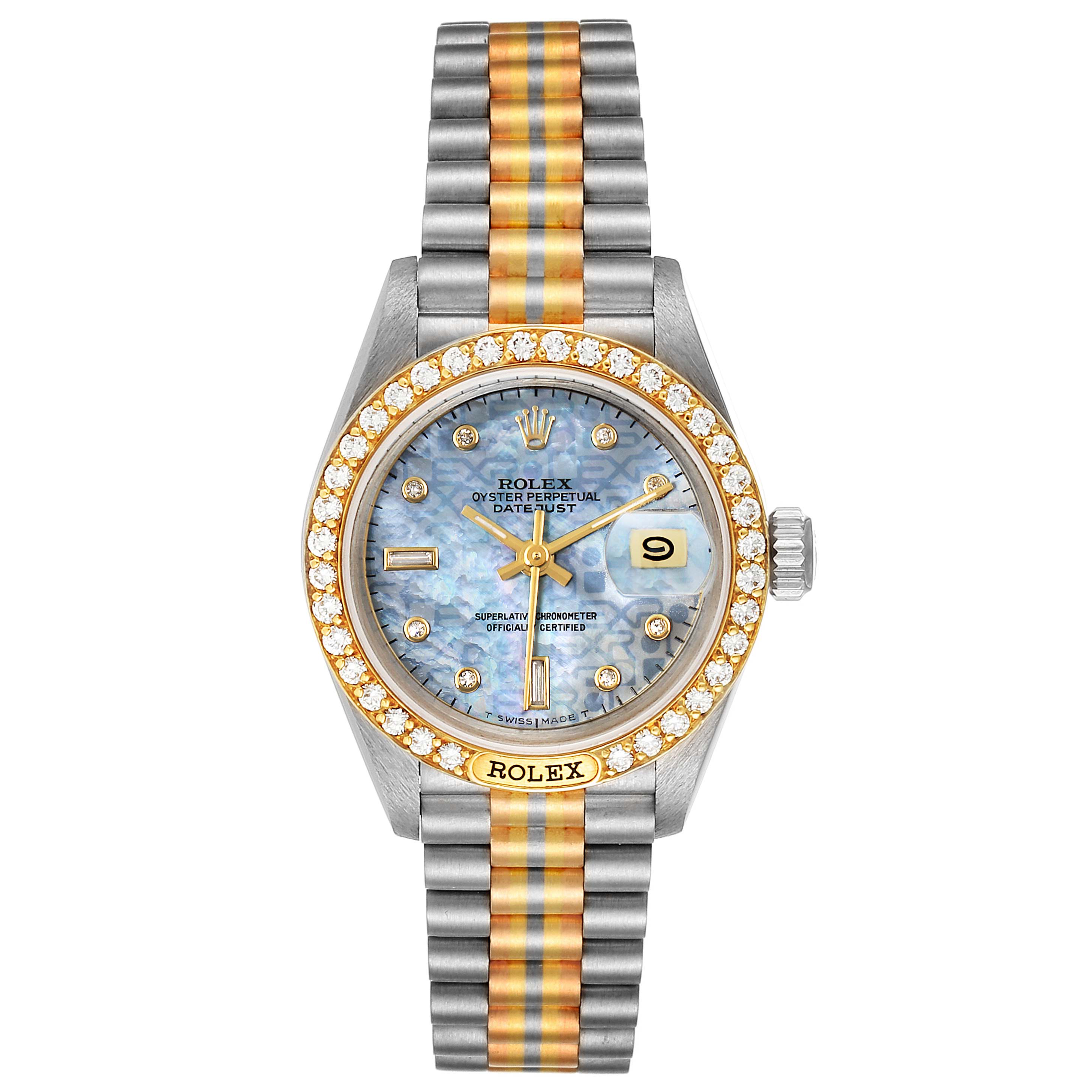 The image shows a Rolex President 69149 Women's White Gold Mother of Pearl Dial 69149 Women's White Gold Mother of Pearl Dial model watch from the front, highlighting the dial, bezel, and bracelet.