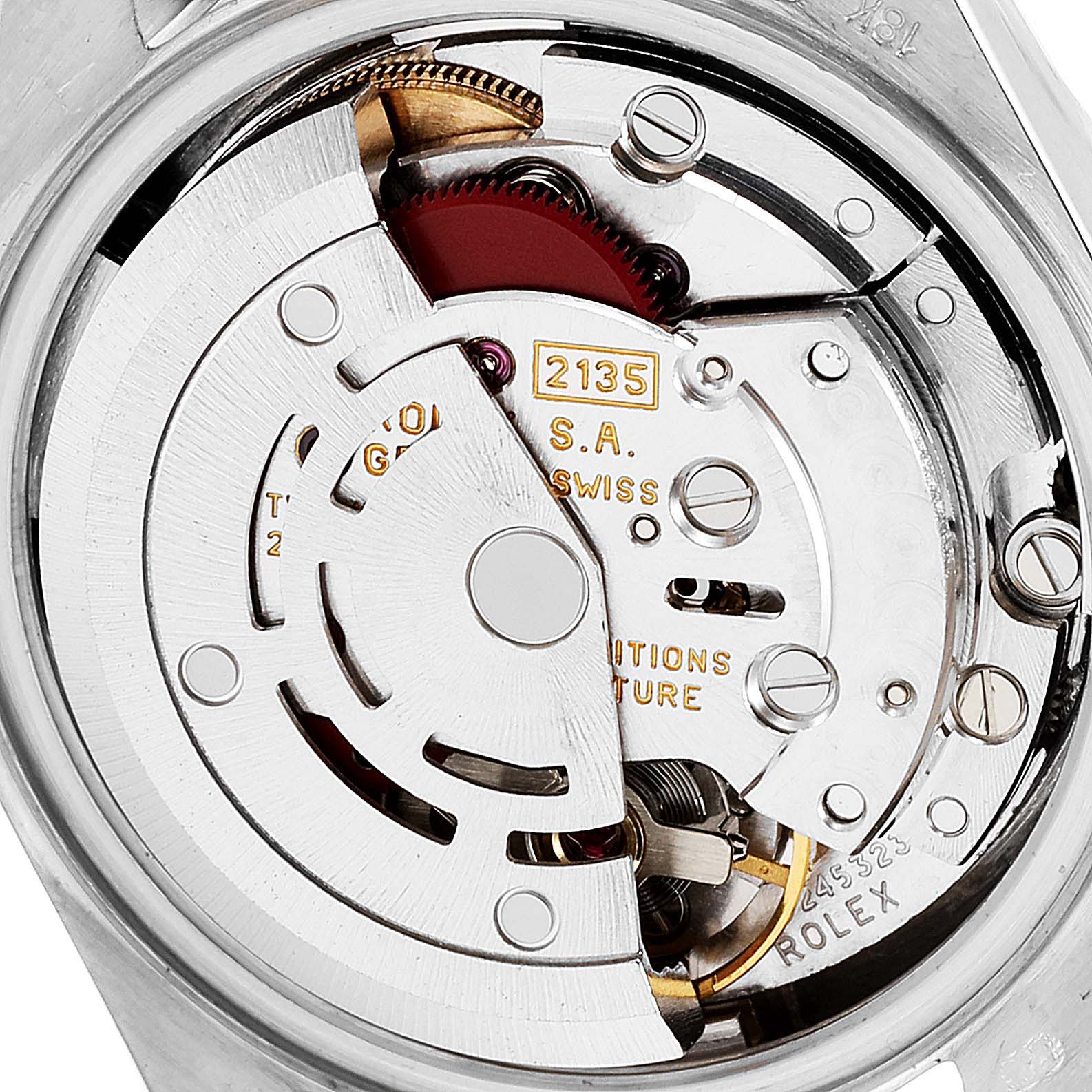 The image shows the movement mechanism of a Rolex President 69149 Women's White Gold Mother of Pearl Dial 69149 Women's White Gold Mother of Pearl Dial model watch viewed from the back.