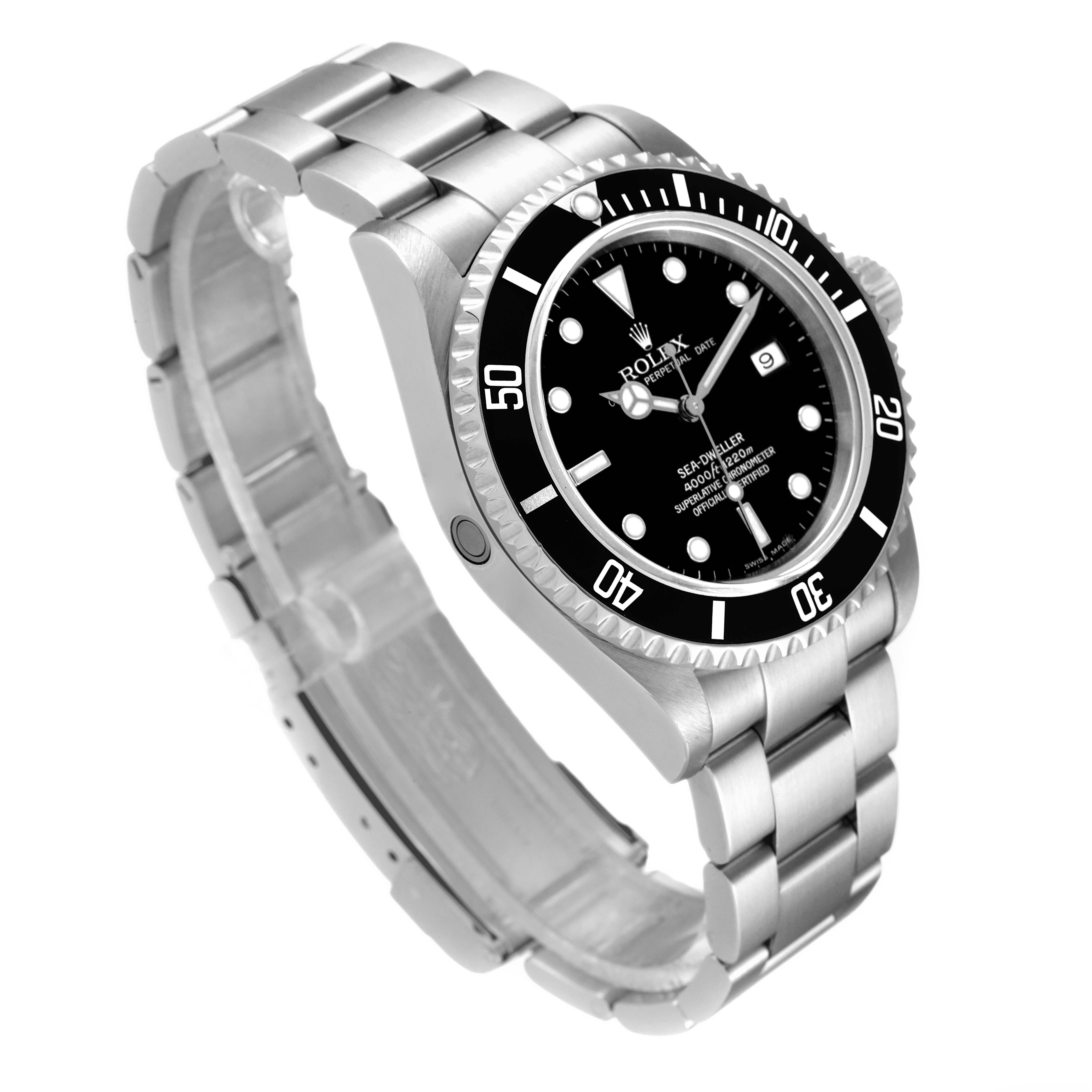 This Rolex Sea-Dweller 16600 Men
s Stainless Steel Black Dial 16600 Men
s Stainless Steel Black Dial watch is shown from a 3/4 angle, displaying its bezel, dial, and stainless steel bracelet.