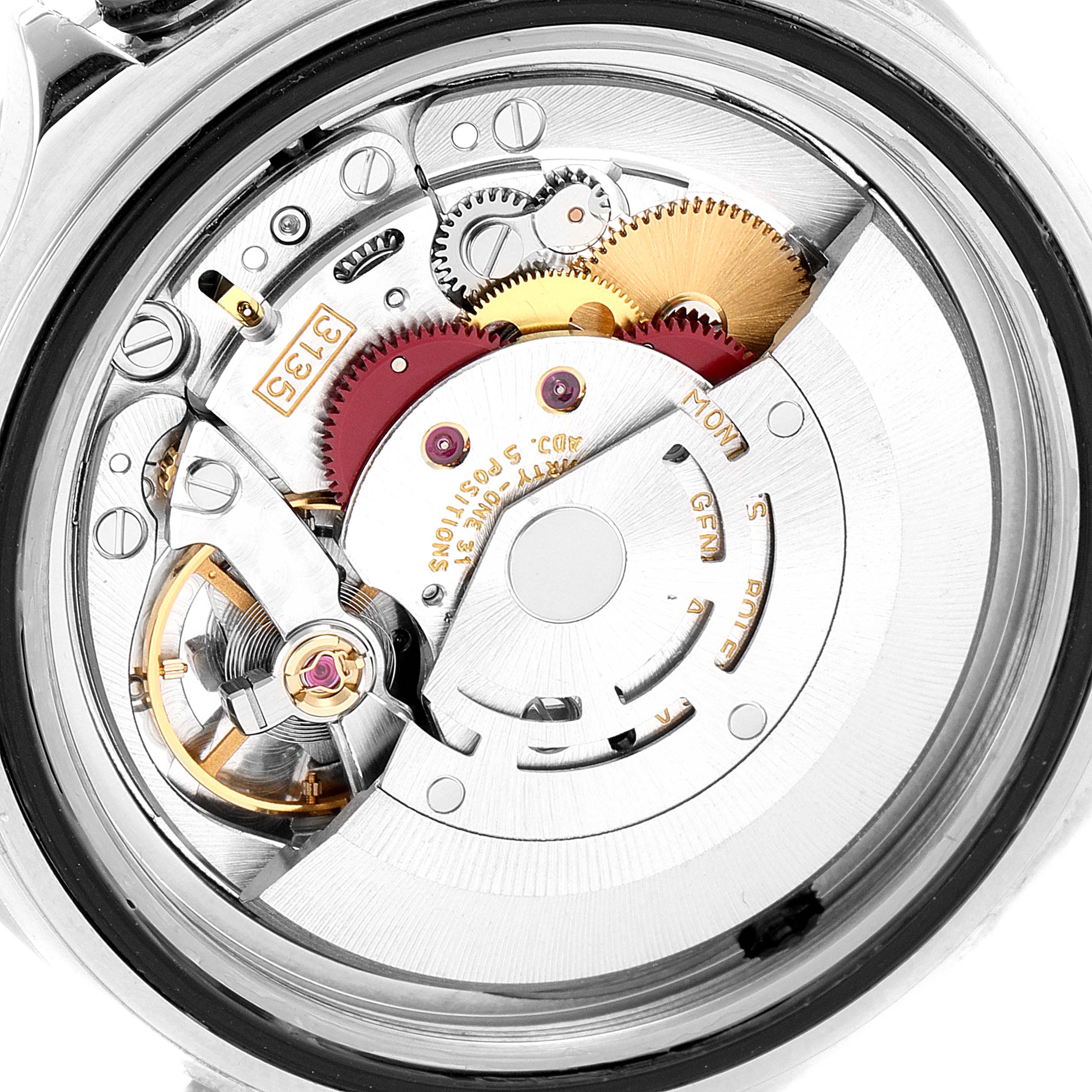 The image shows the intricate internal mechanical movements of a Rolex Sea-Dweller 16600 Men
s Stainless Steel Black Dial 16600 Men
s Stainless Steel Black Dial watch, viewed from the back.