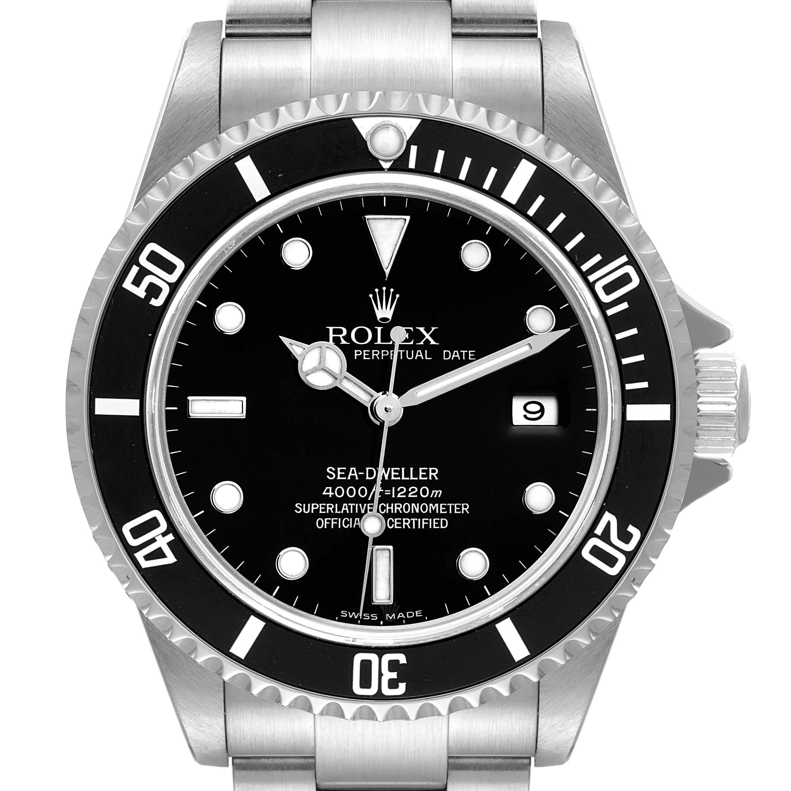 The image shows a front view of a Rolex Sea-Dweller 16600 Men
s Stainless Steel Black Dial 16600 Men
s Stainless Steel Black Dial watch, highlighting the dial, bezel, and part of the bracelet.