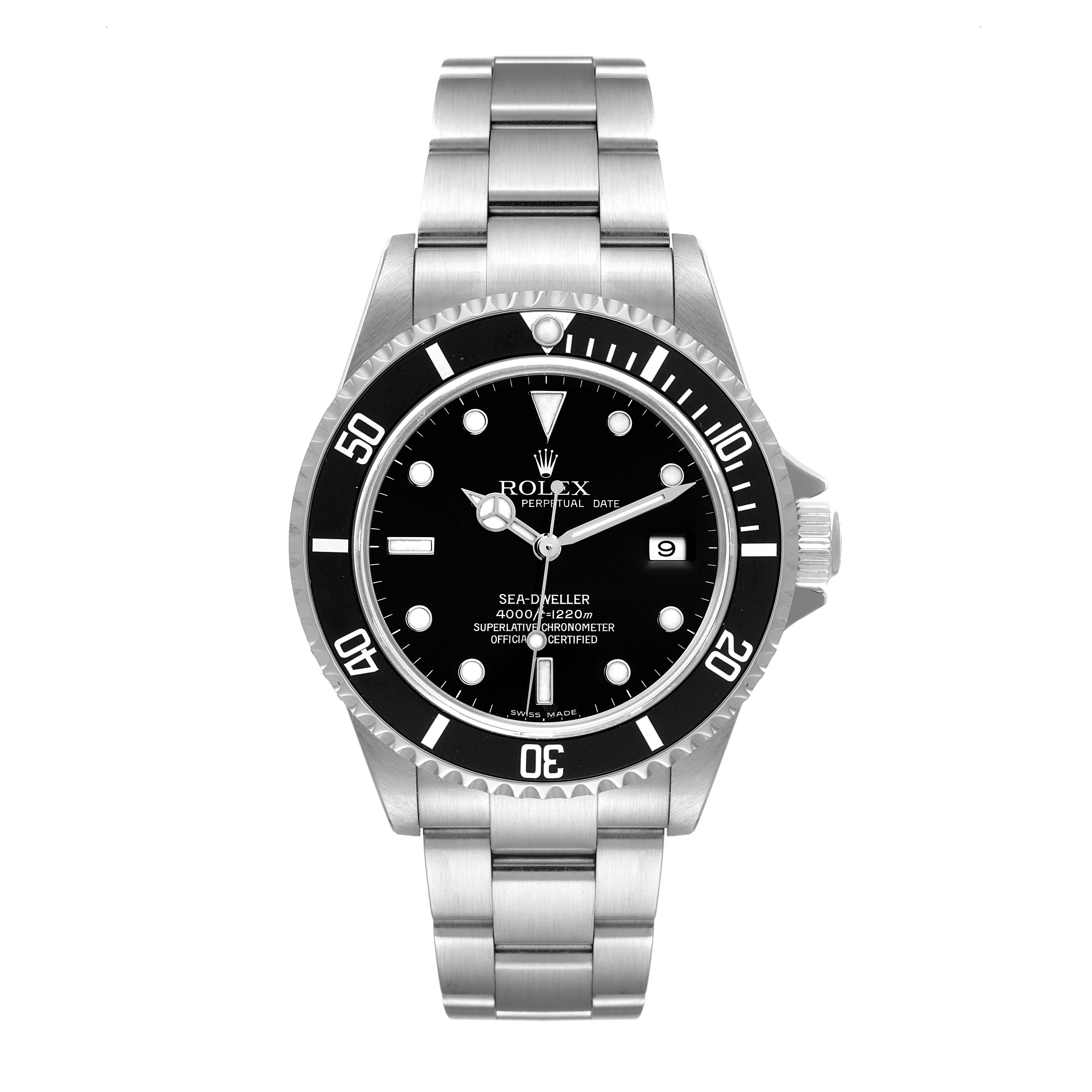 The image shows a front view of the Rolex Sea-Dweller 16600 Men
s Stainless Steel Black Dial 16600 Men
s Stainless Steel Black Dial watch, displaying the face, bezel, case, and bracelet.