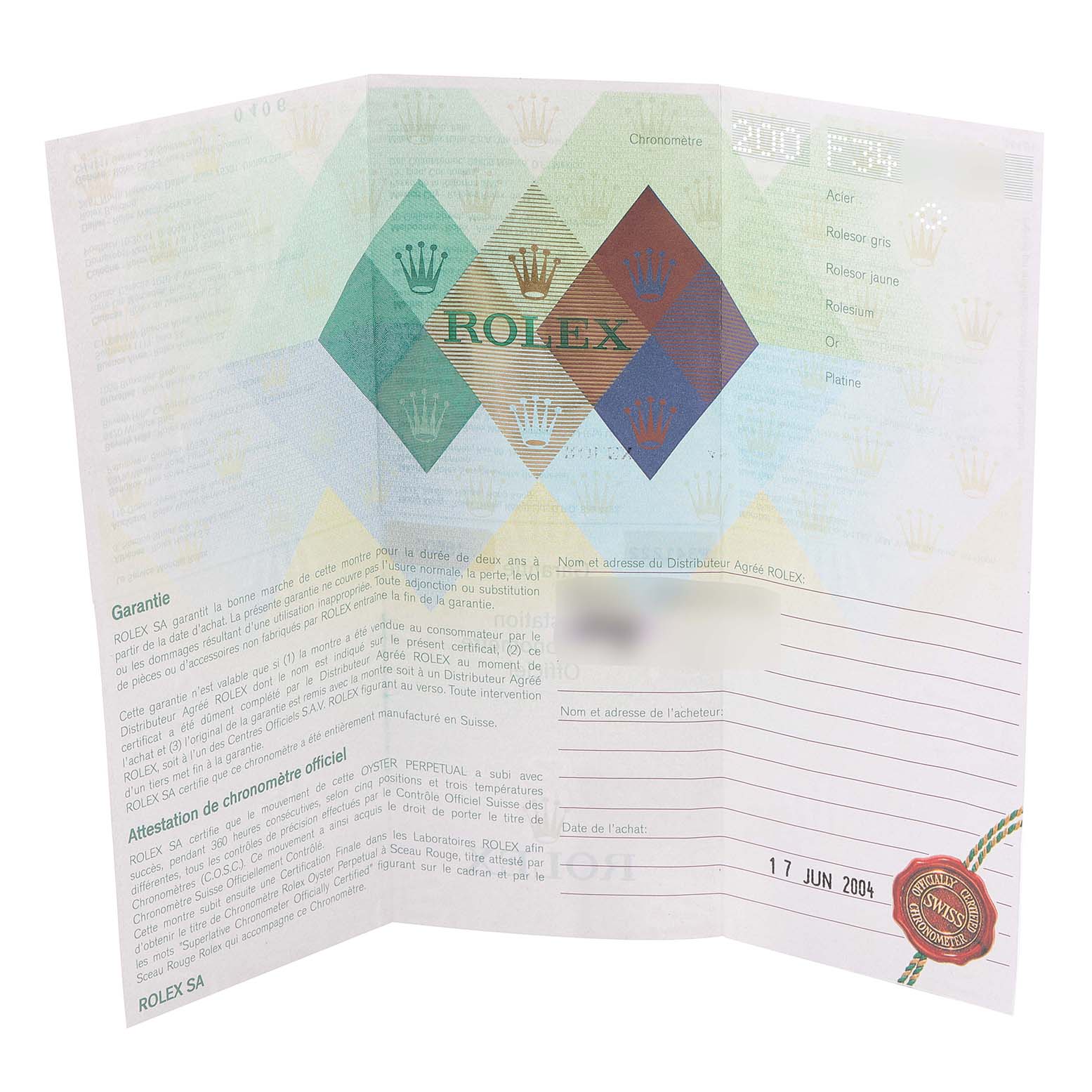 The image shows a folded warranty and Best Quality
ity certificate for the Rolex Sea-Dweller 16600 Men
s Stainless Steel Black Dial 16600 Men
s Stainless Steel Black Dial watch.