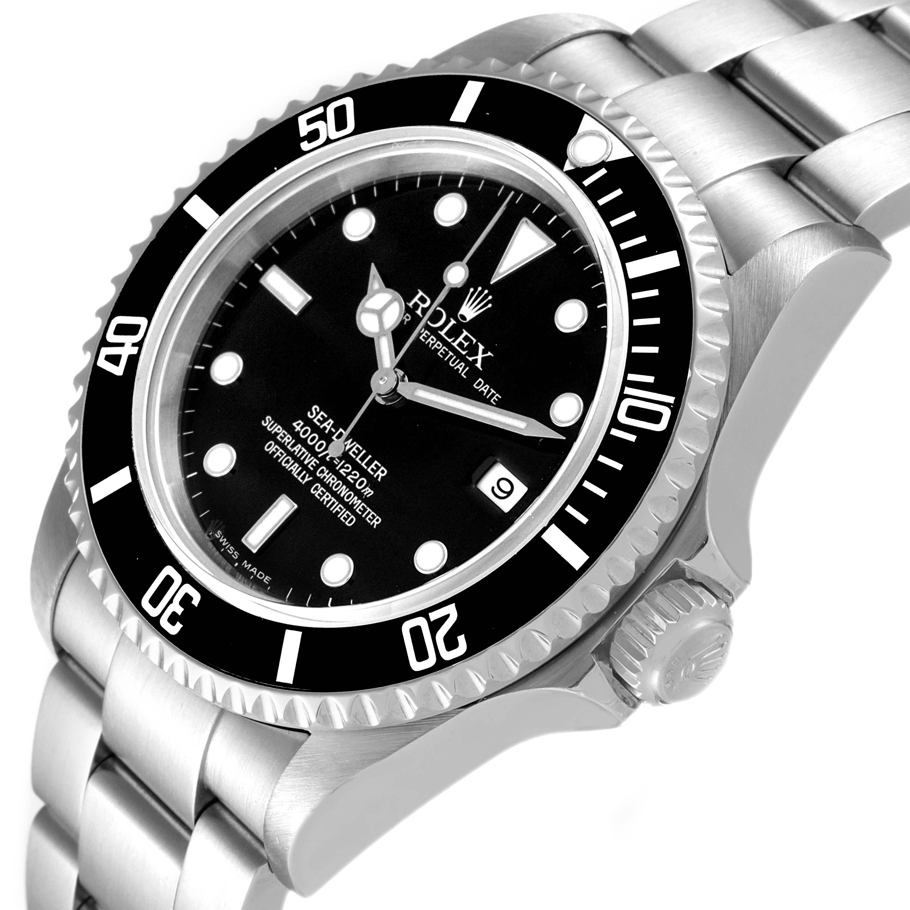 The image shows a Rolex Sea-Dweller 16600 Men
s Stainless Steel Black Dial 16600 Men
s Stainless Steel Black Dial watch at an angled close-up, highlighting the dial, bezel, and part of the bracelet.