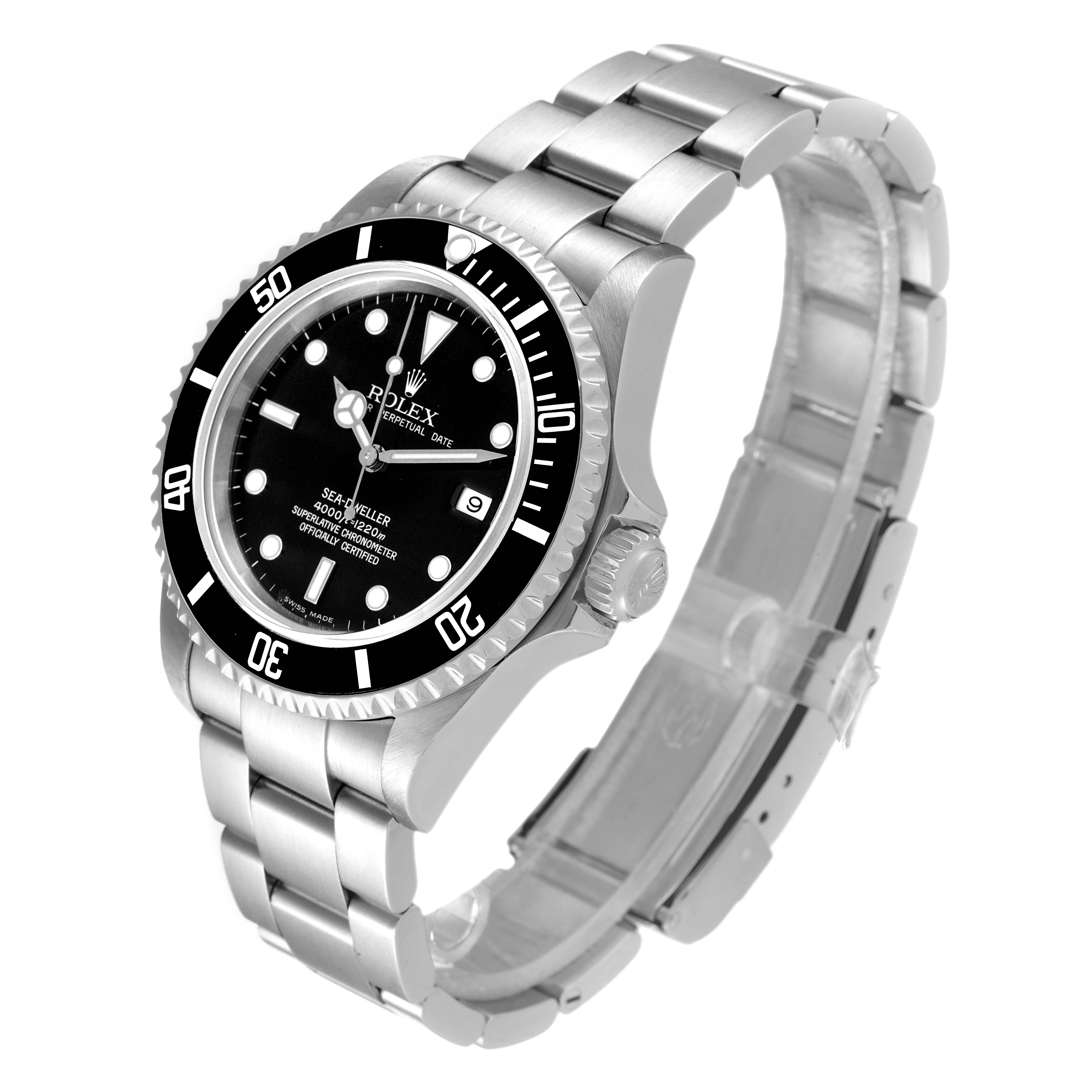 This image shows a Rolex Sea-Dweller 16600 Men
s Stainless Steel Black Dial 16600 Men
s Stainless Steel Black Dial watch at an angle showcasing its face, bezel, and bracelet.