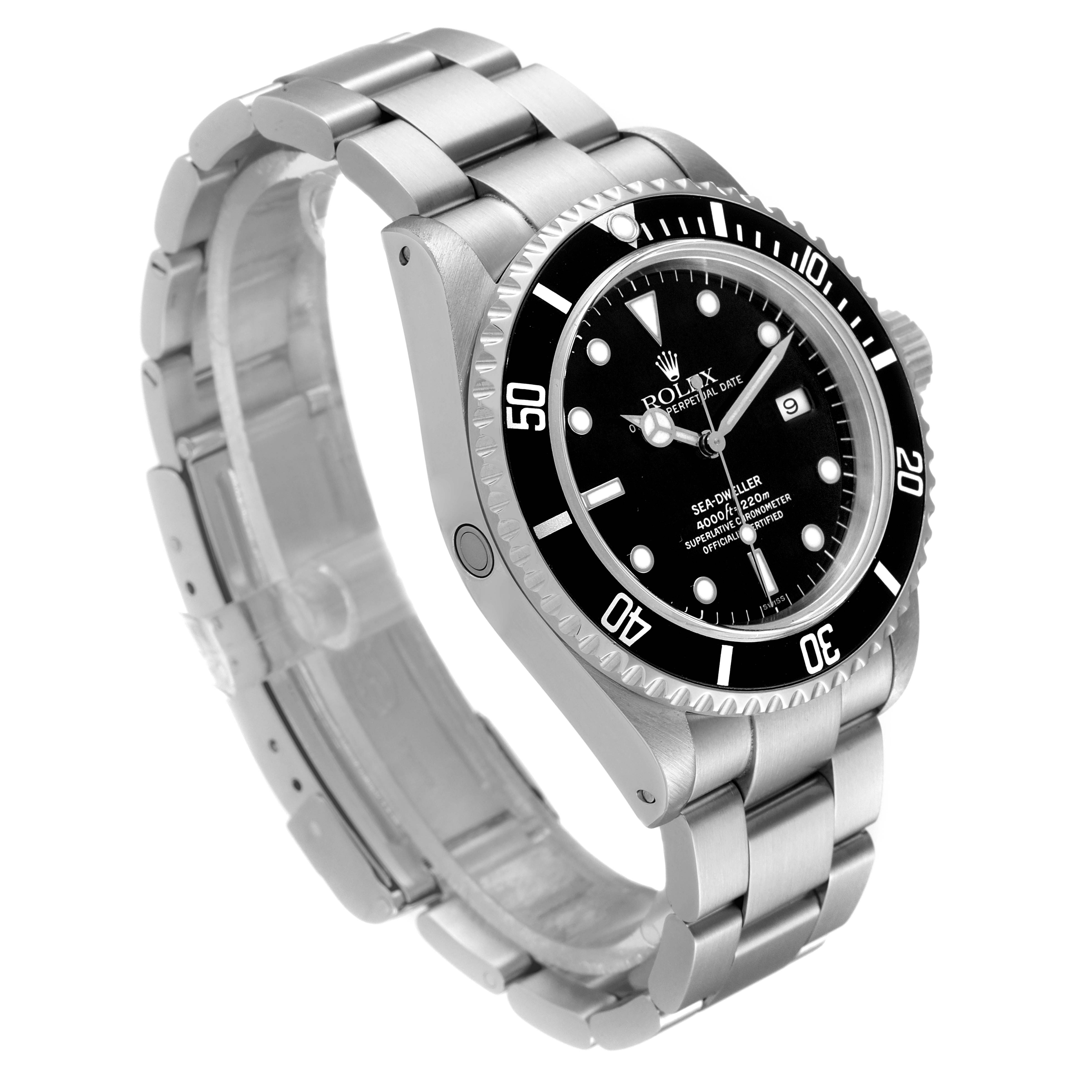 The image shows a Rolex Sea-Dweller 16600 Men
s Stainless Steel Black Dial 16600 Men
s Stainless Steel Black Dial watch from a three-quarter angle, highlighting its face, bezel, and bracelet.