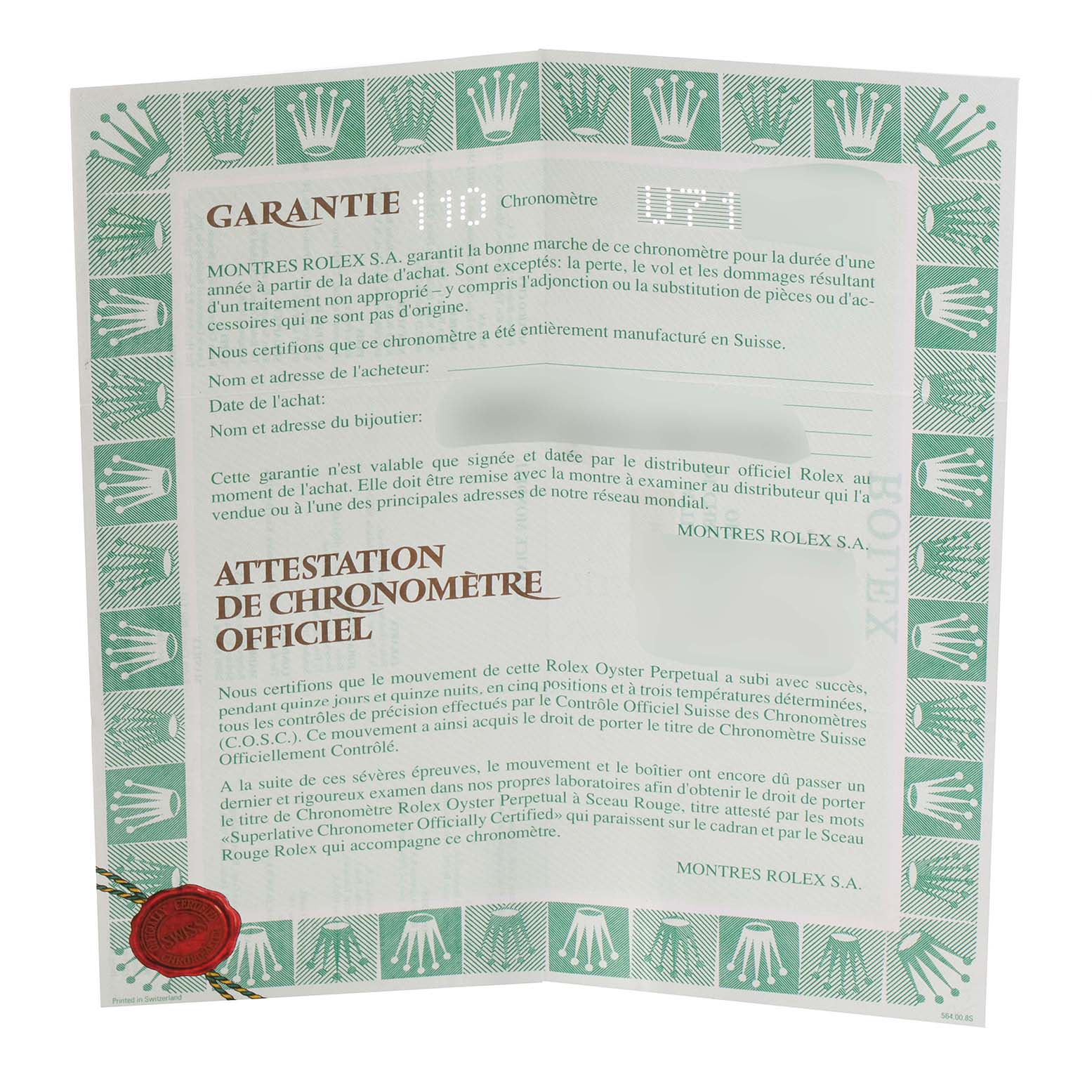 This image shows the warranty and official chronometer certification document for the Rolex Sea-Dweller 16600 Men
s Stainless Steel Black Dial 16600 Men
s Stainless Steel Black Dial model.