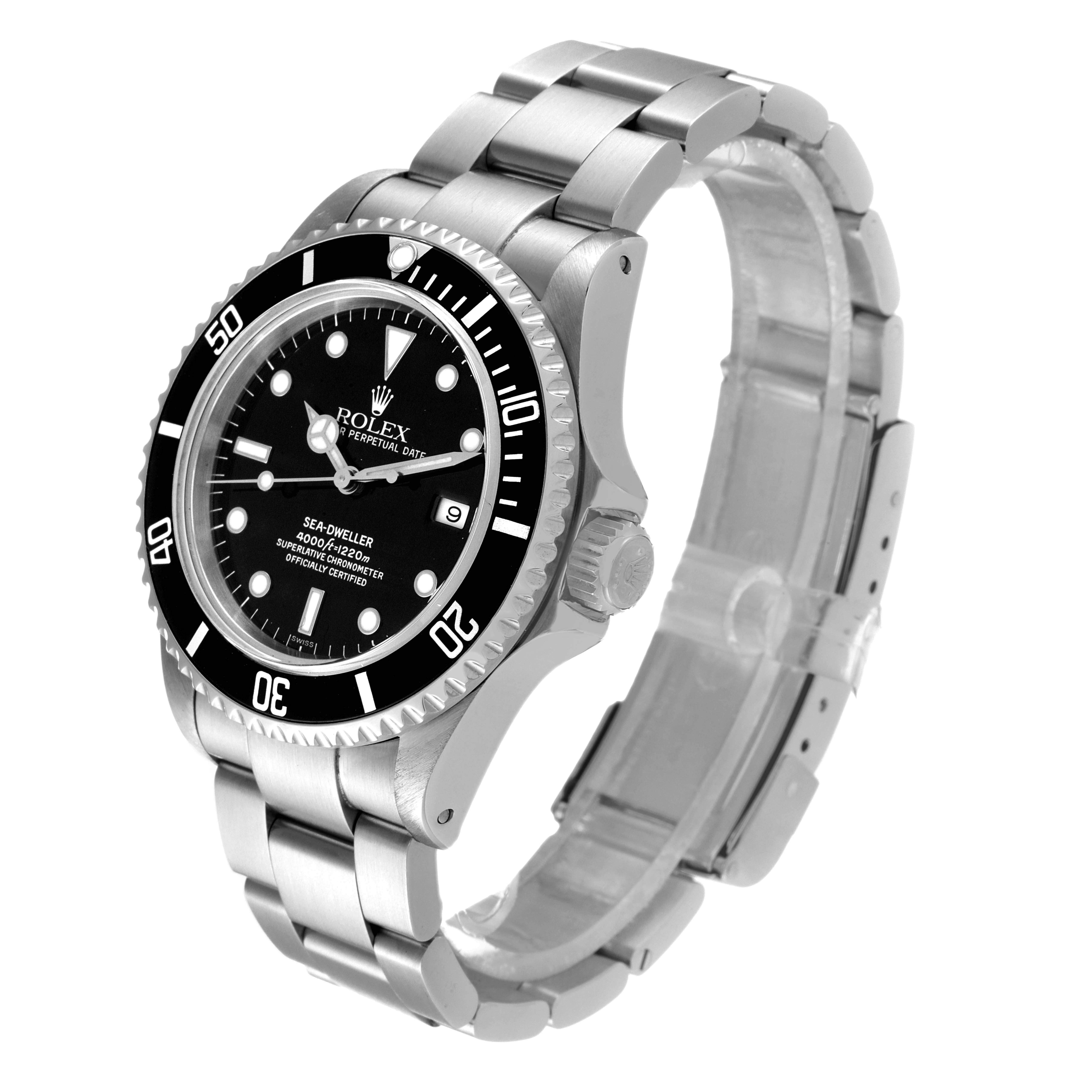 The Rolex Sea-Dweller 16600 Men
s Stainless Steel Black Dial 16600 Men
s Stainless Steel Black Dial watch is shown from a side angle, highlighting the dial, bezel, crown, and bracelet.