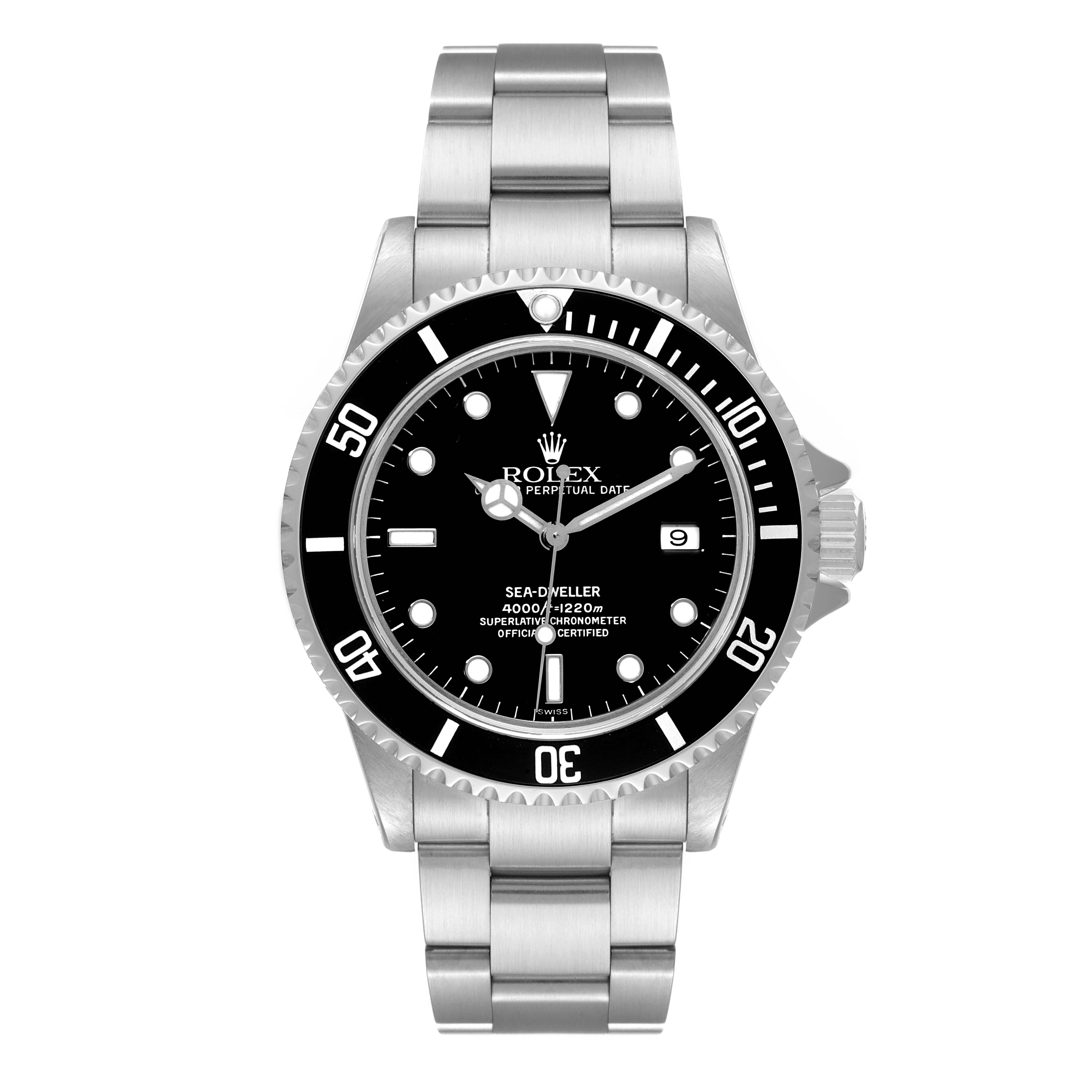 This image shows a front view of the Rolex Sea-Dweller 16600 Men
s Stainless Steel Black Dial 16600 Men
s Stainless Steel Black Dial watch, highlighting the dial, bezel, and bracelet.