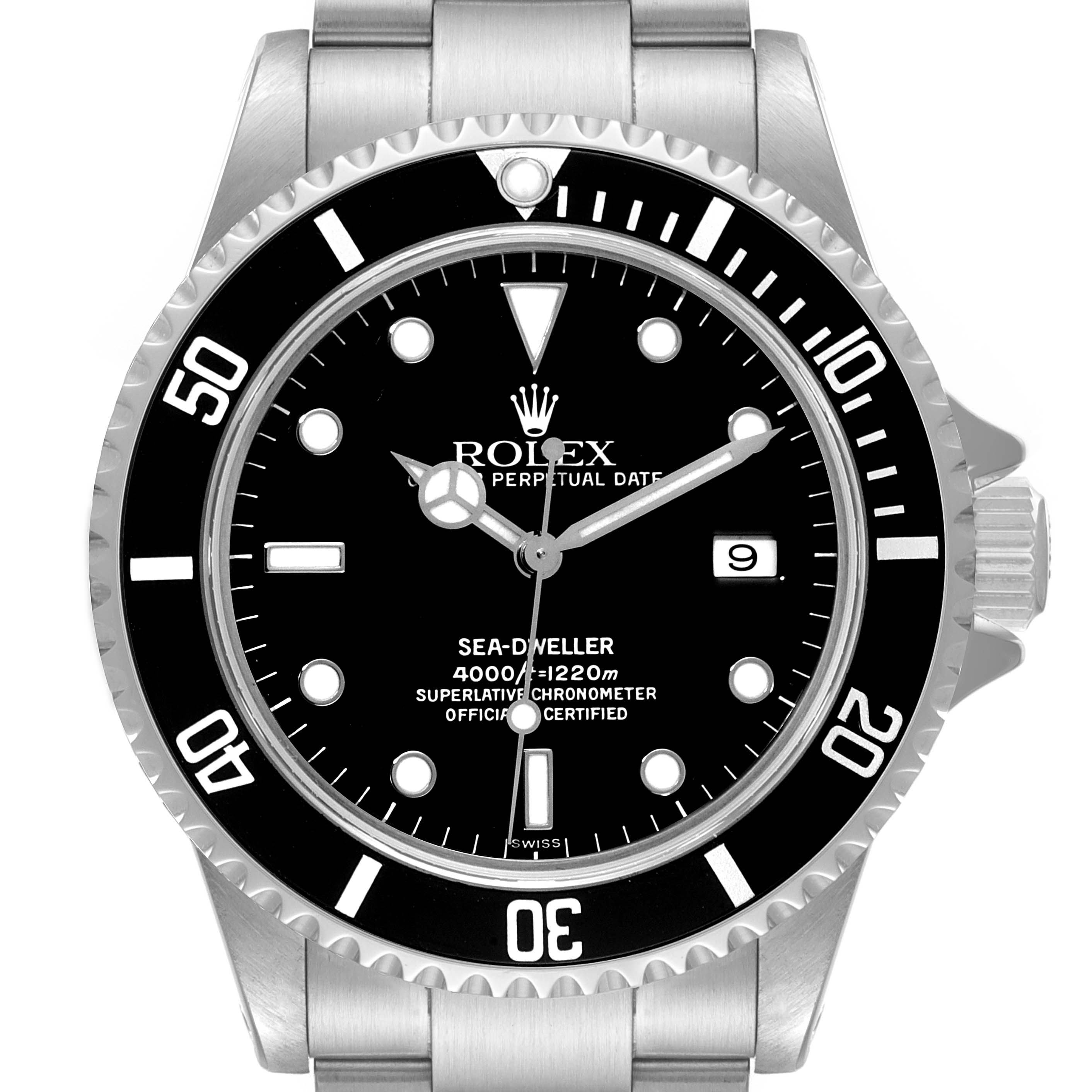 This is a front view of the Rolex Sea-Dweller 16600 Men
s Stainless Steel Black Dial 16600 Men
s Stainless Steel Black Dial watch, showing the dial, bezel, bracelet, and crown.