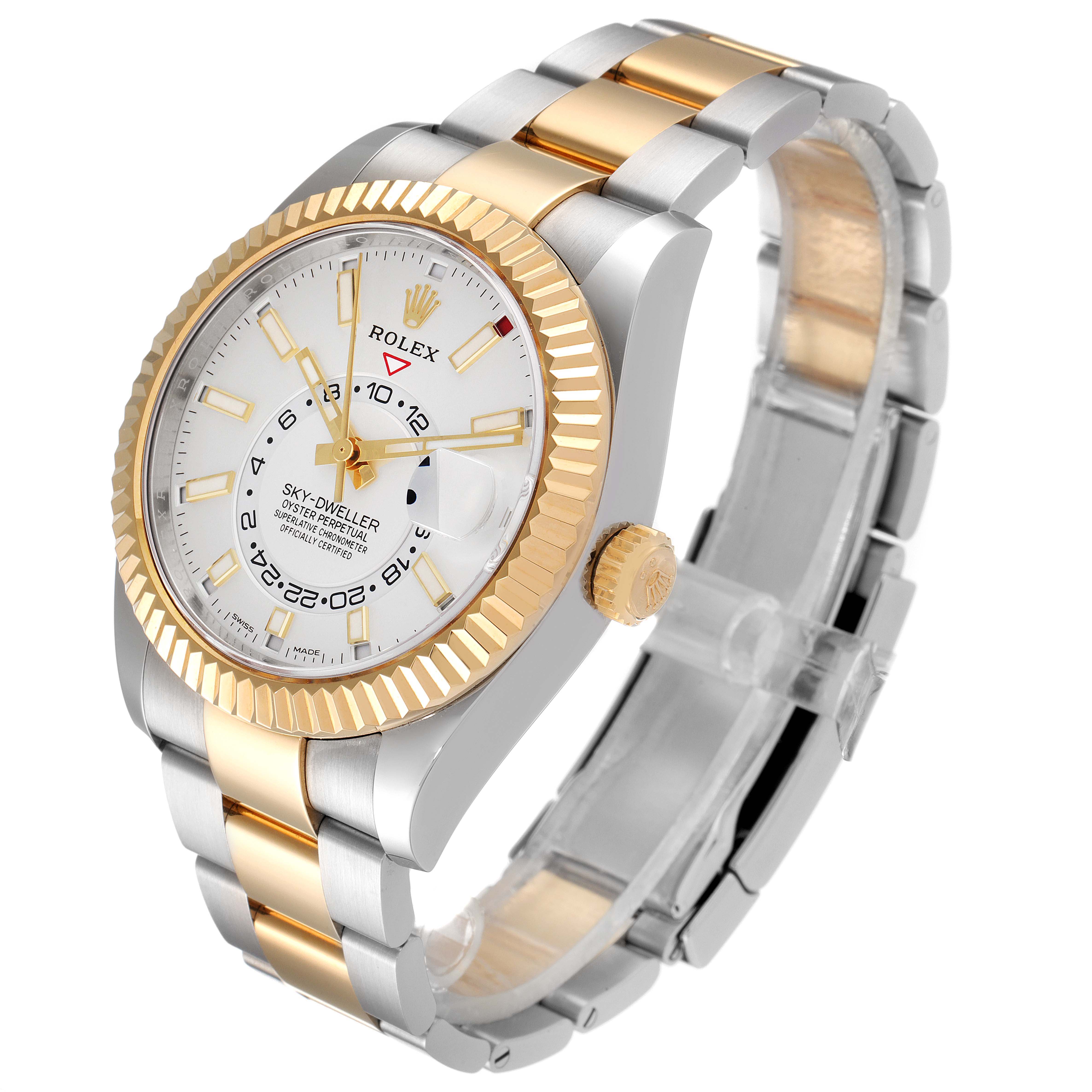 This Rolex Sky-Dweller 326933 Men's Steel and Gold (two tone) White Dial 326933 Men's Steel and Gold (two tone) White Dial watch is shown at an angled view displaying its face, gold bezel, crown, and two-tone bracelet.
