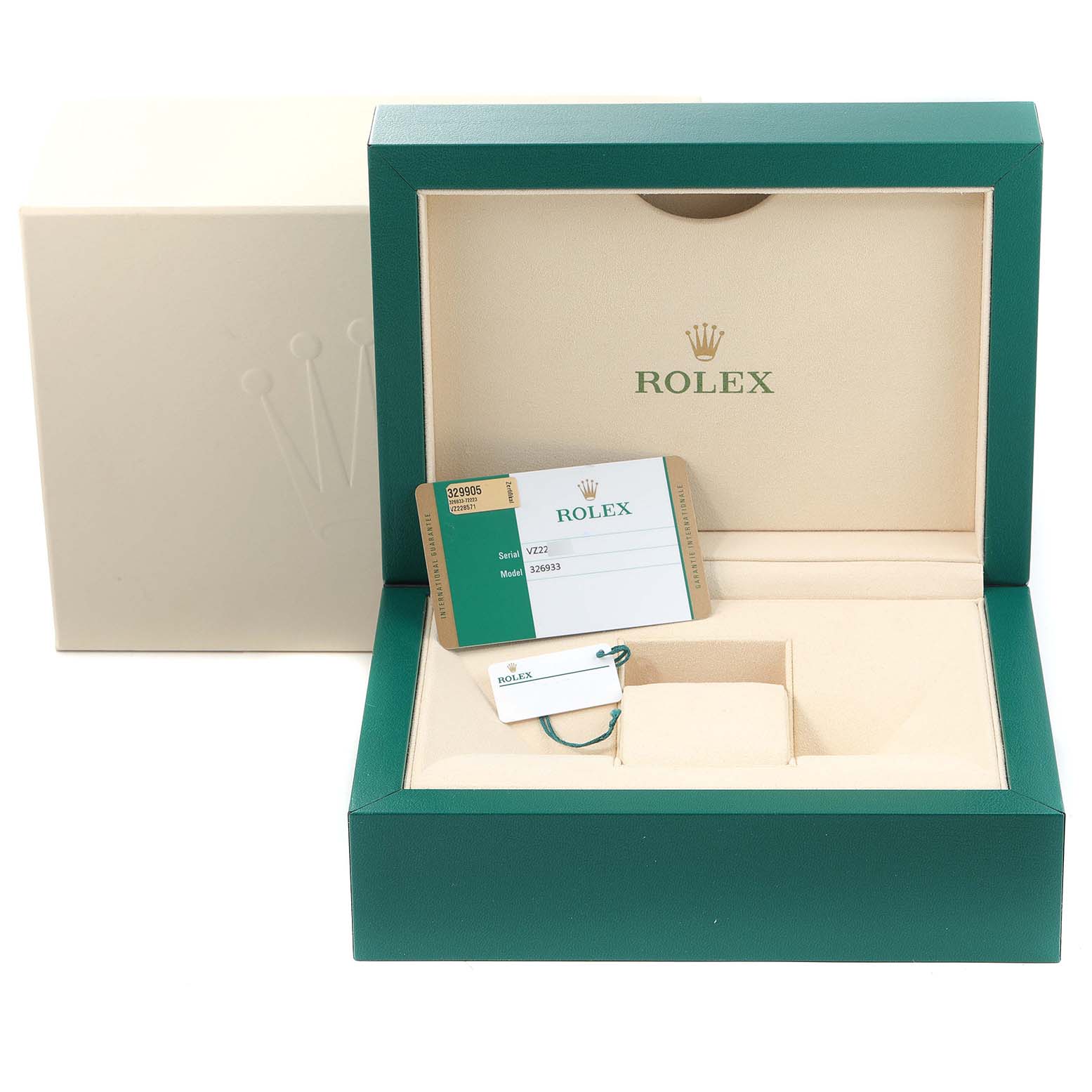 The image shows an open watch box for the Rolex Sky-Dweller 326933 Men's Steel and Gold (two tone) White Dial 326933 Men's Steel and Gold (two tone) White Dial with a warranty card and tag inside.