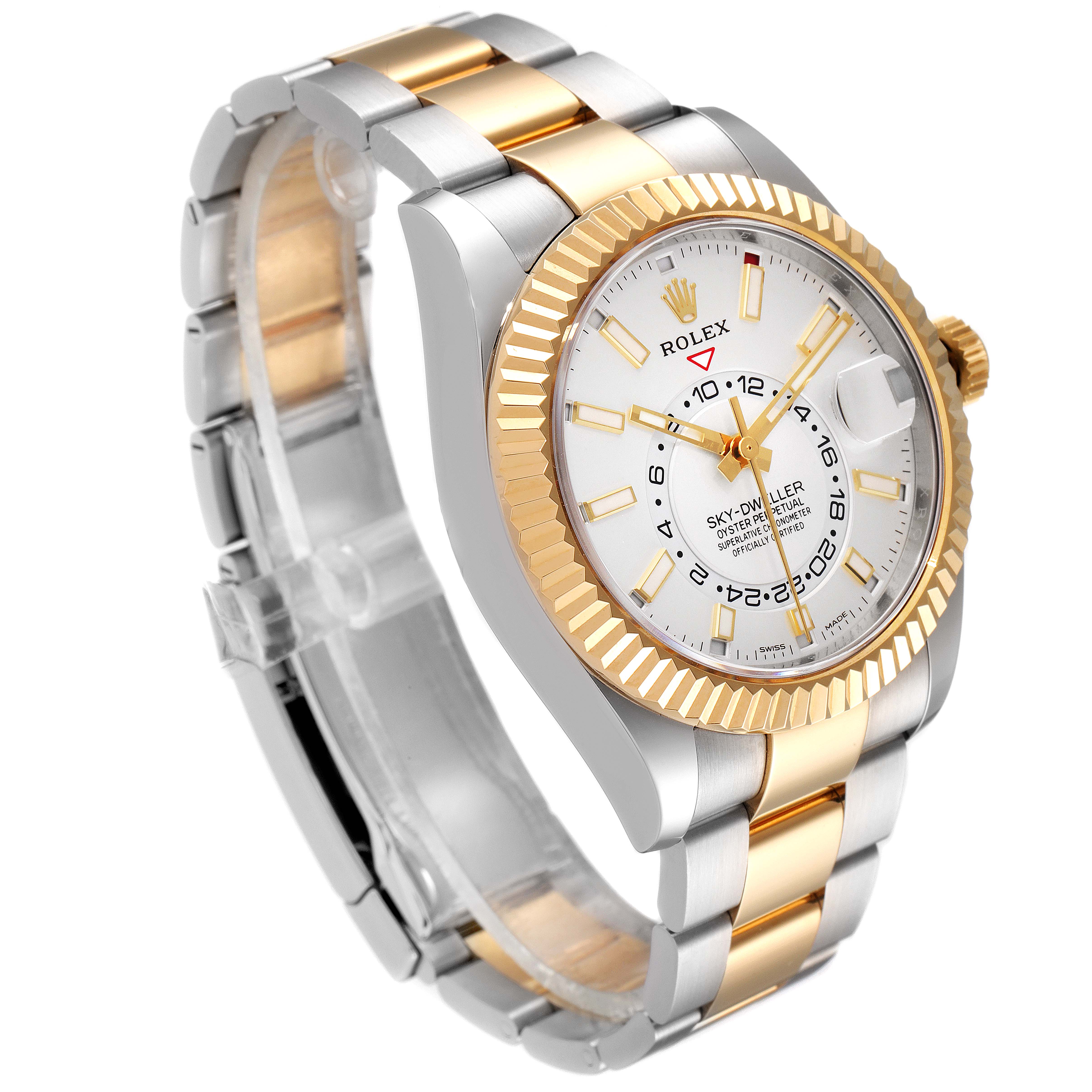 The image shows a three-quarter angle view of a Rolex Sky-Dweller 326933 Men's Steel and Gold (two tone) White Dial 326933 Men's Steel and Gold (two tone) White Dial watch, highlighting its gold bezel, dial, and two-tone bracelet.
