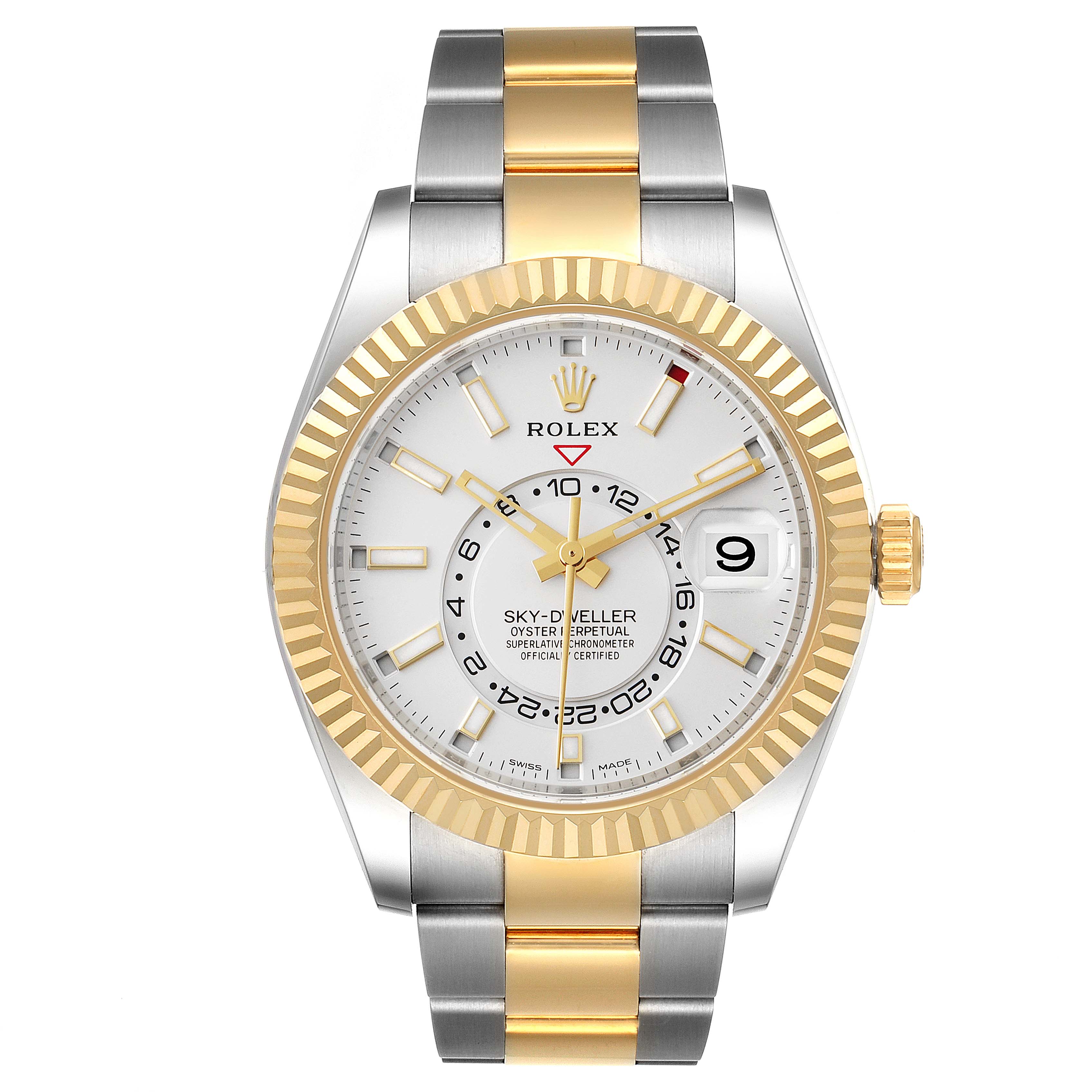 The Rolex Sky-Dweller 326933 Men's Steel and Gold (two tone) White Dial 326933 Men's Steel and Gold (two tone) White Dial is shown from a front angle, displaying its dial, bezel, and bracelet.