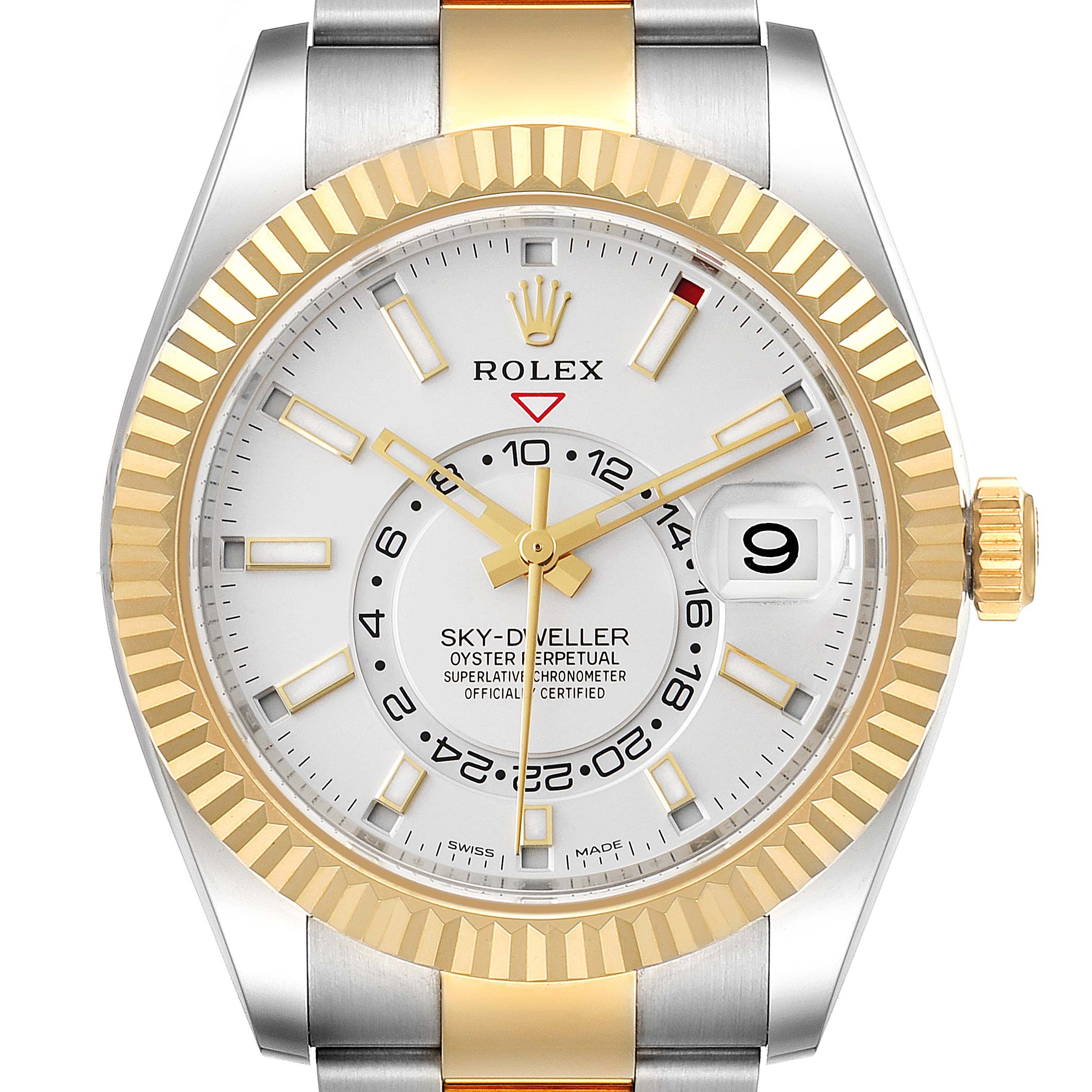 The image shows a front view of a Rolex Sky-Dweller 326933 Men's Steel and Gold (two tone) White Dial 326933 Men's Steel and Gold (two tone) White Dial watch, highlighting the dial, bezel, and part of the bracelet.