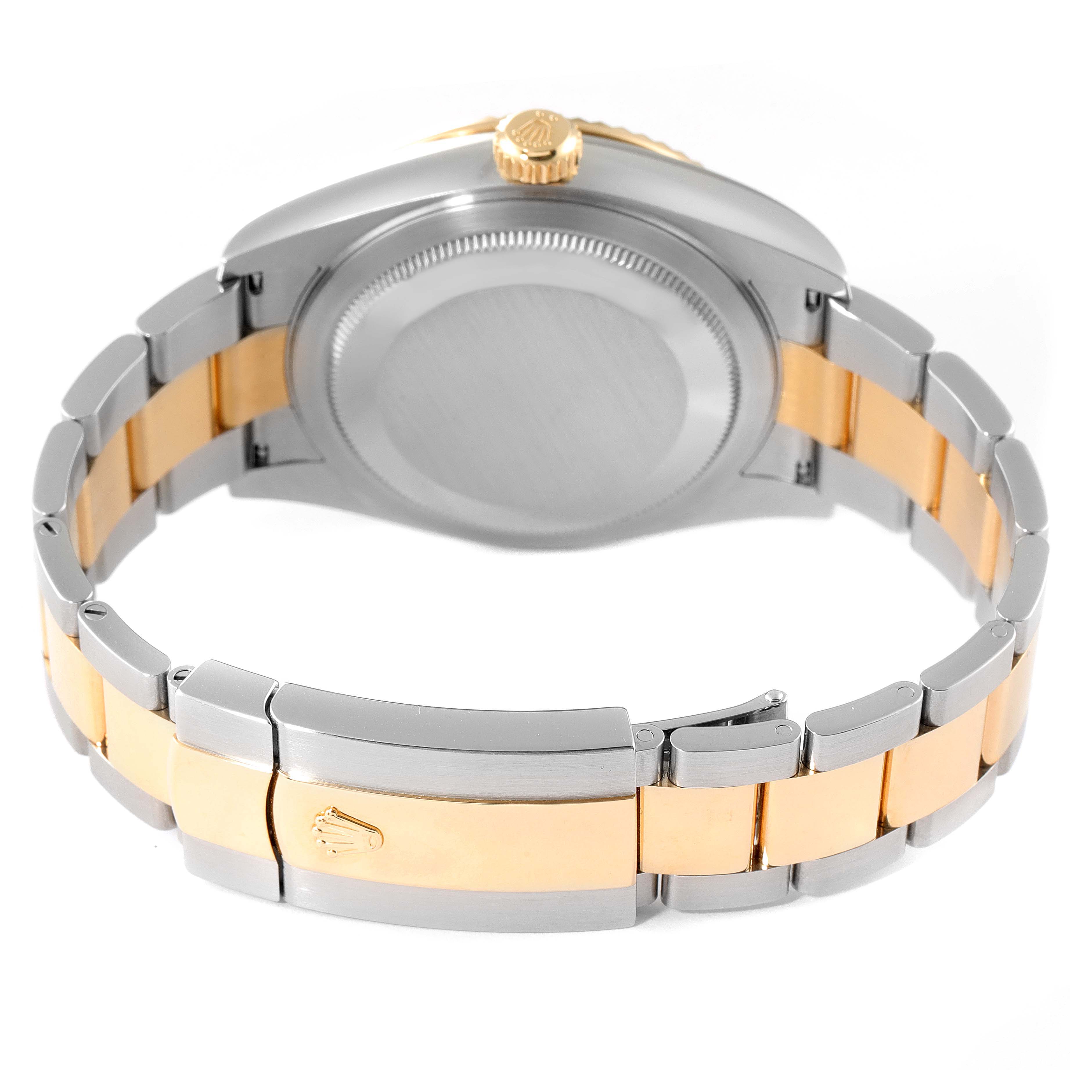 This image shows the back view of a Rolex Sky-Dweller 326933 Men's Steel and Gold (two tone) White Dial 326933 Men's Steel and Gold (two tone) White Dial watch, featuring its two-tone bracelet and closed clasp.