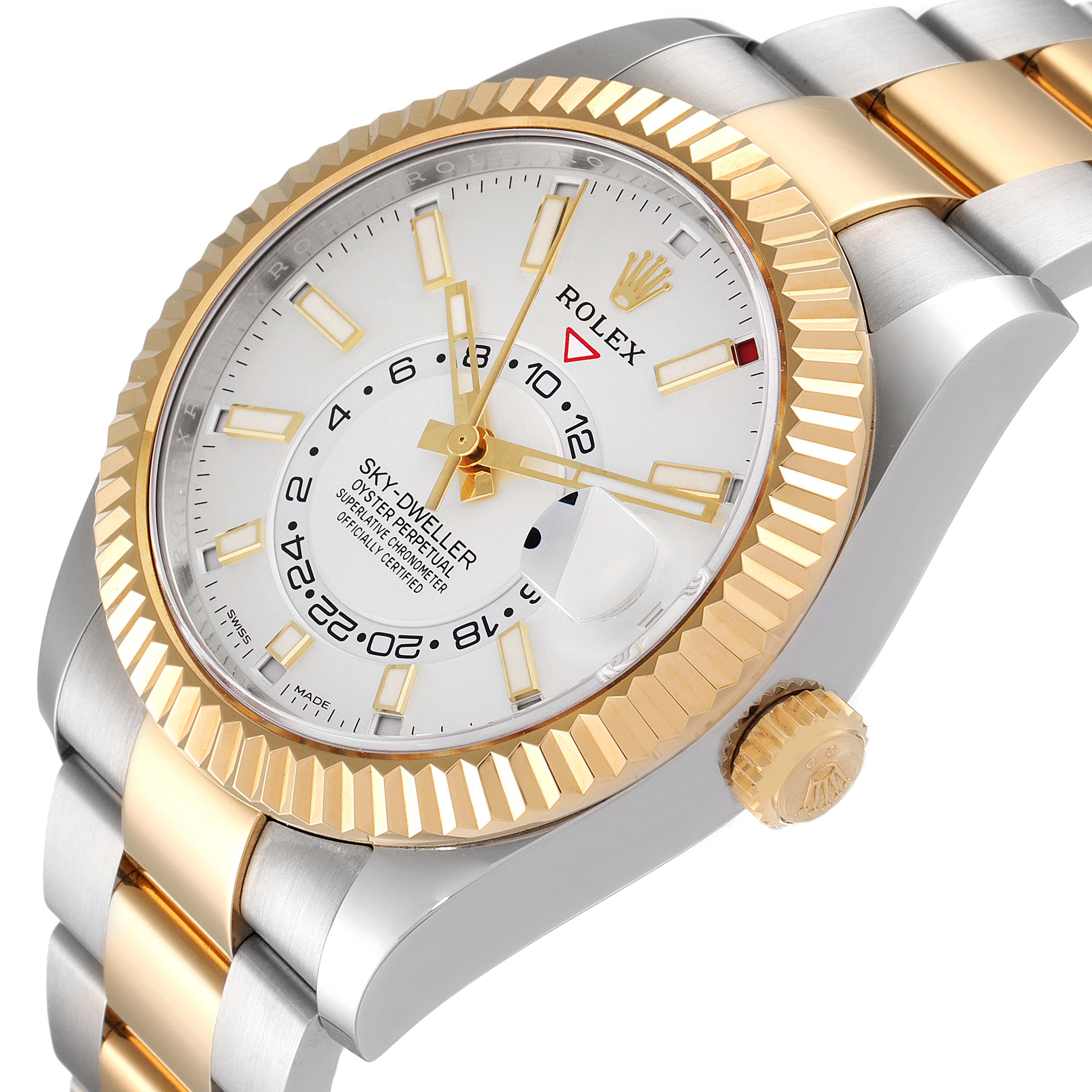 The angle shows a close-up of the Rolex Sky-Dweller 326933 Men's Steel and Gold (two tone) White Dial 326933 Men's Steel and Gold (two tone) White Dial watch face, bezel, crown, and part of the bracelet.