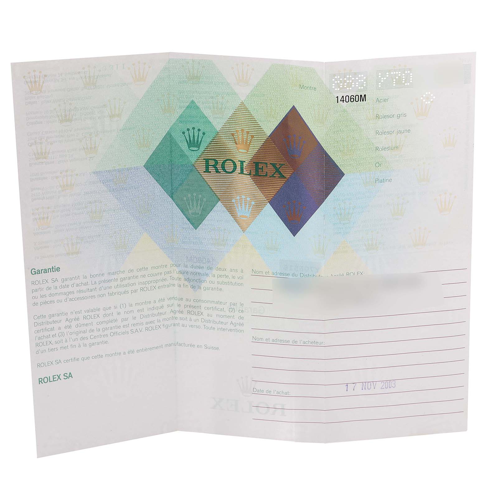 This image shows the guarantee and Best Quality
ity card for a Rolex Submariner 14060 Men
s Stainless Steel Black Dial 14060 Men
s Stainless Steel Black Dial model watch.