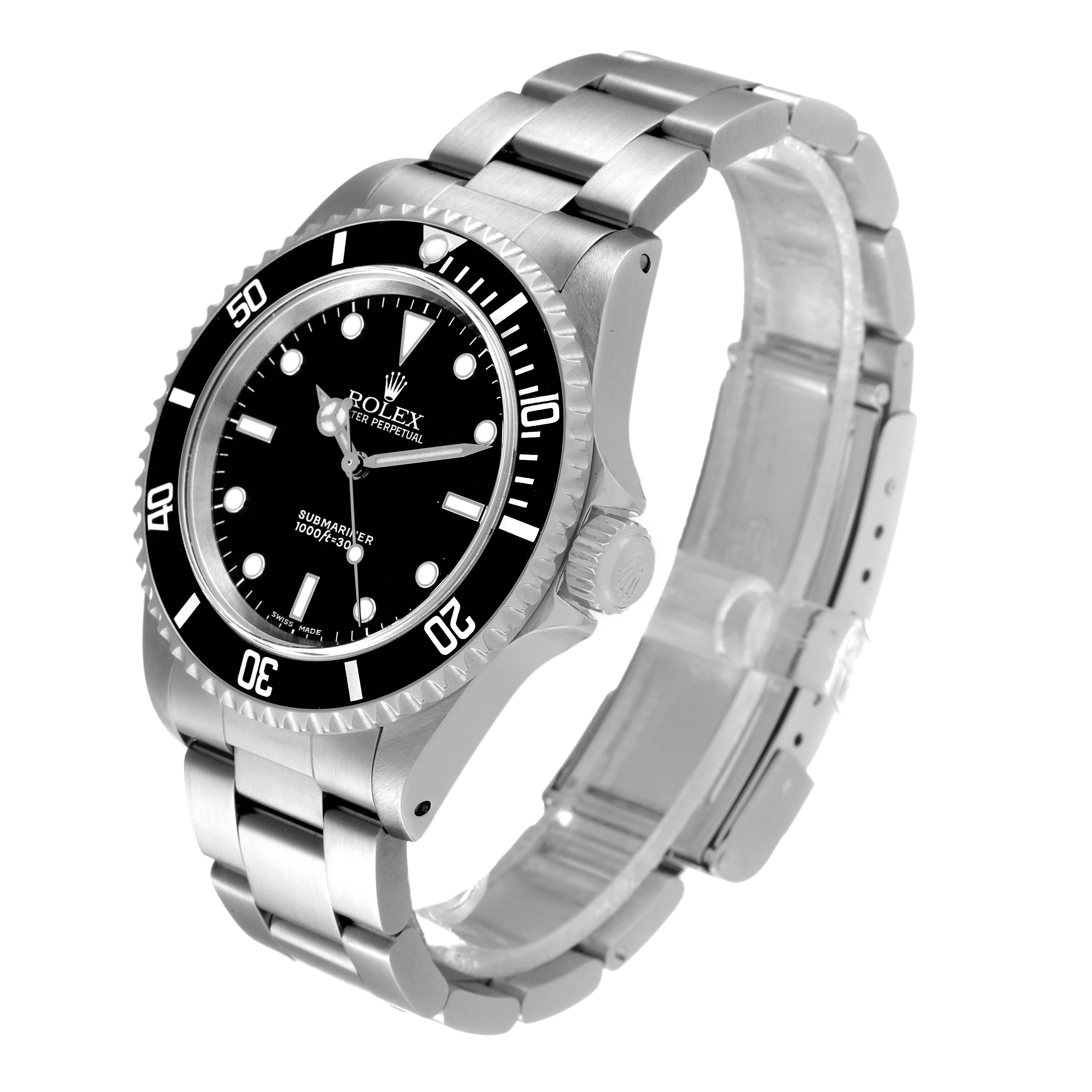 The image shows a side angle view of the Rolex Submariner 14060 Men
s Stainless Steel Black Dial 14060 Men
s Stainless Steel Black Dial, displaying the face, bezel, and oyster bracelet.