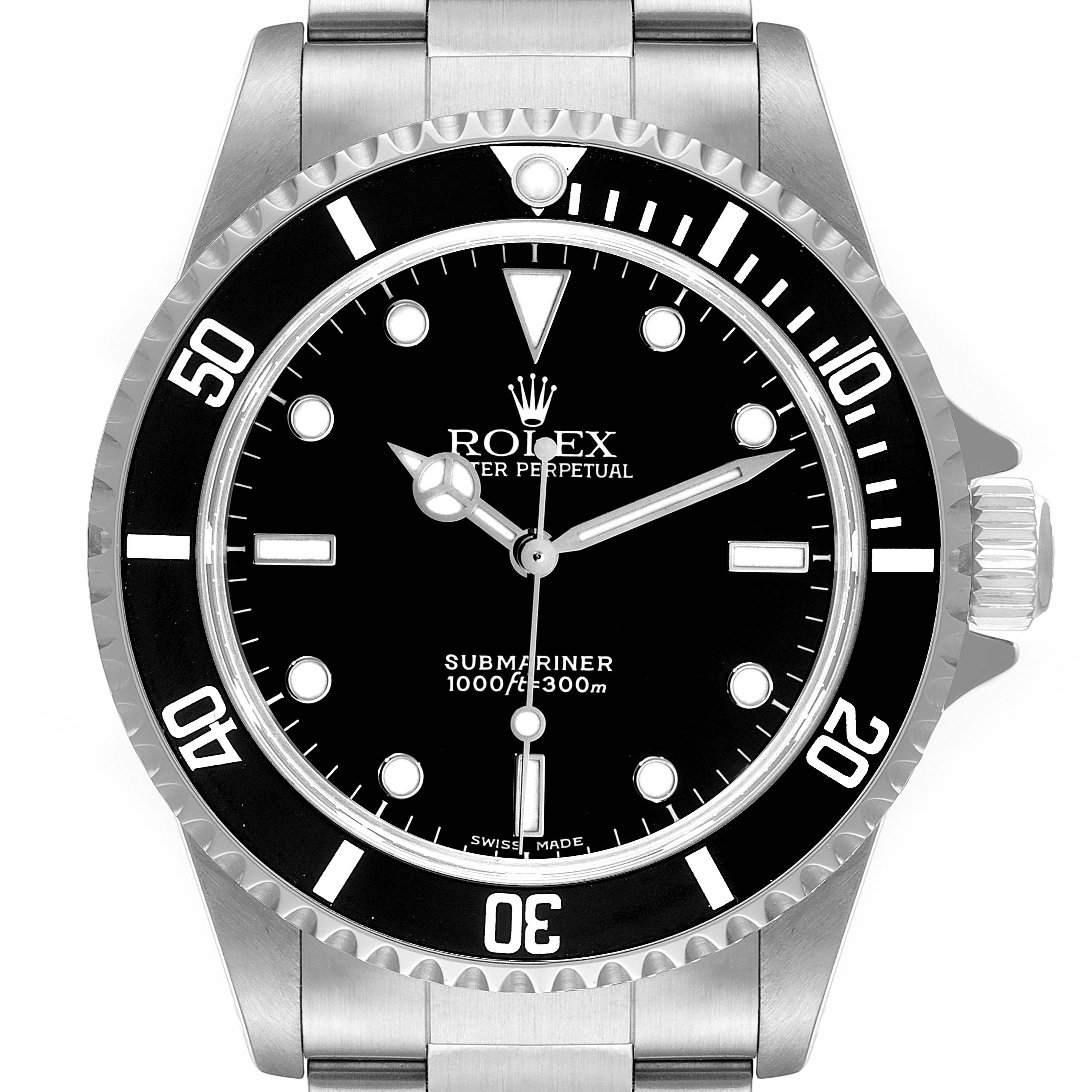 The image shows a front view of a Rolex Submariner 14060 Men
s Stainless Steel Black Dial 14060 Men
s Stainless Steel Black Dial watch, highlighting its bezel, dial, hands, and part of the bracelet.