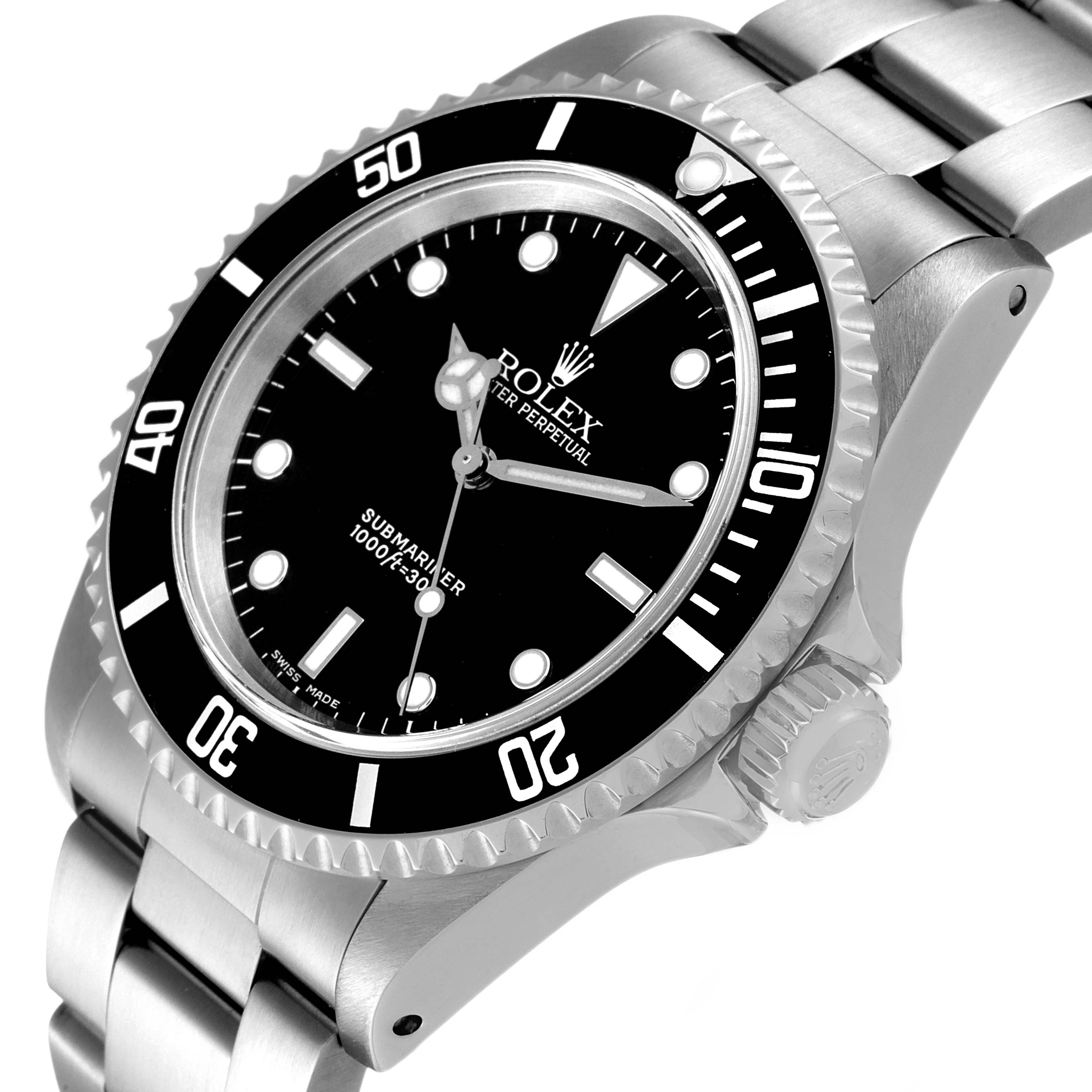 The image shows a top-side angle of a Rolex Submariner 14060 Men
s Stainless Steel Black Dial 14060 Men
s Stainless Steel Black Dial watch, highlighting the bezel, dial, and part of the bracelet.