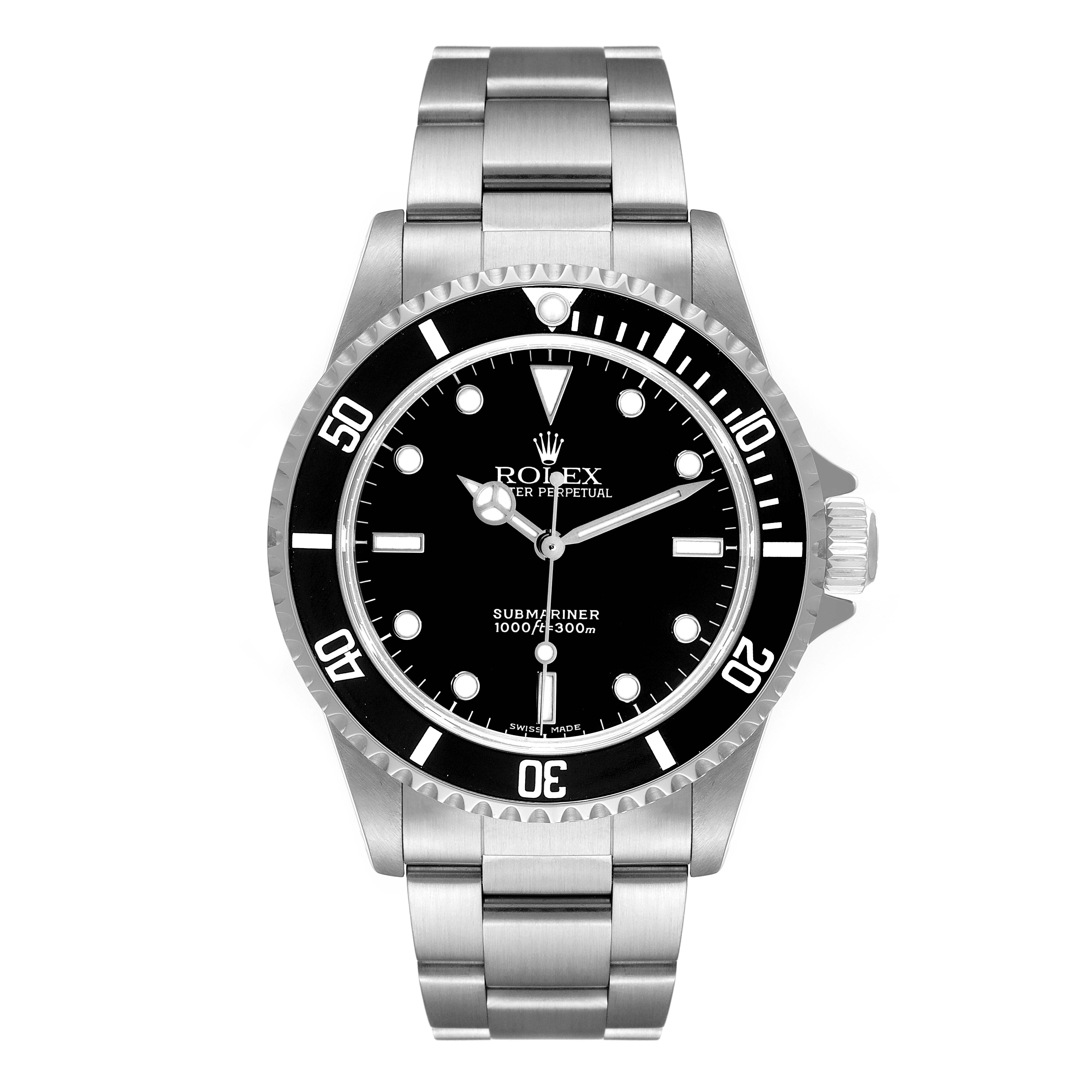 The image shows a front view of the Rolex Submariner 14060 Men
s Stainless Steel Black Dial 14060 Men
s Stainless Steel Black Dial watch, displaying the dial, bezel, case, and bracelet.