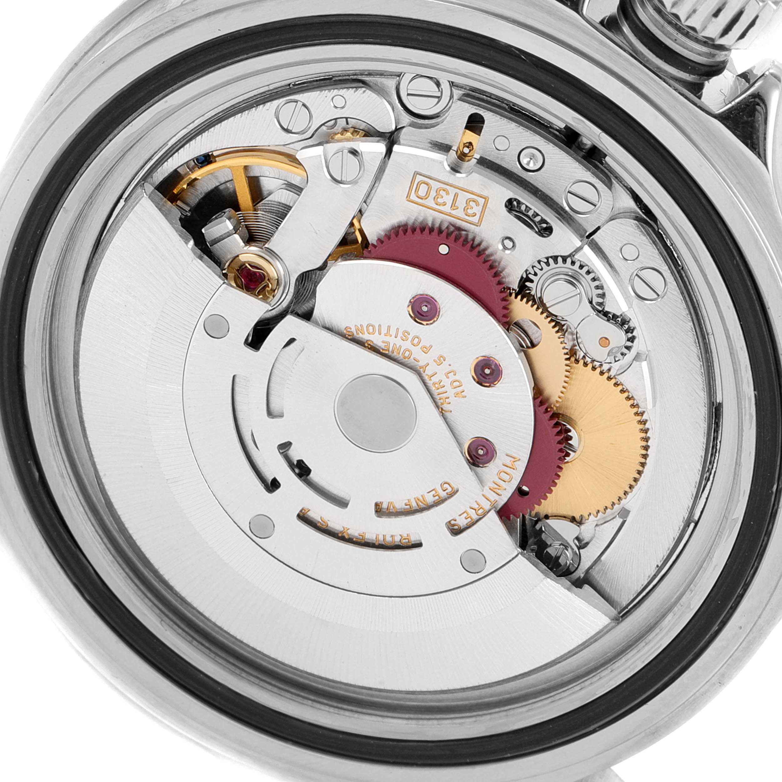 This image shows a close-up, internal view of the mechanism of a Rolex Submariner 14060 Men
s Stainless Steel Black Dial 14060 Men
s Stainless Steel Black Dial watch.