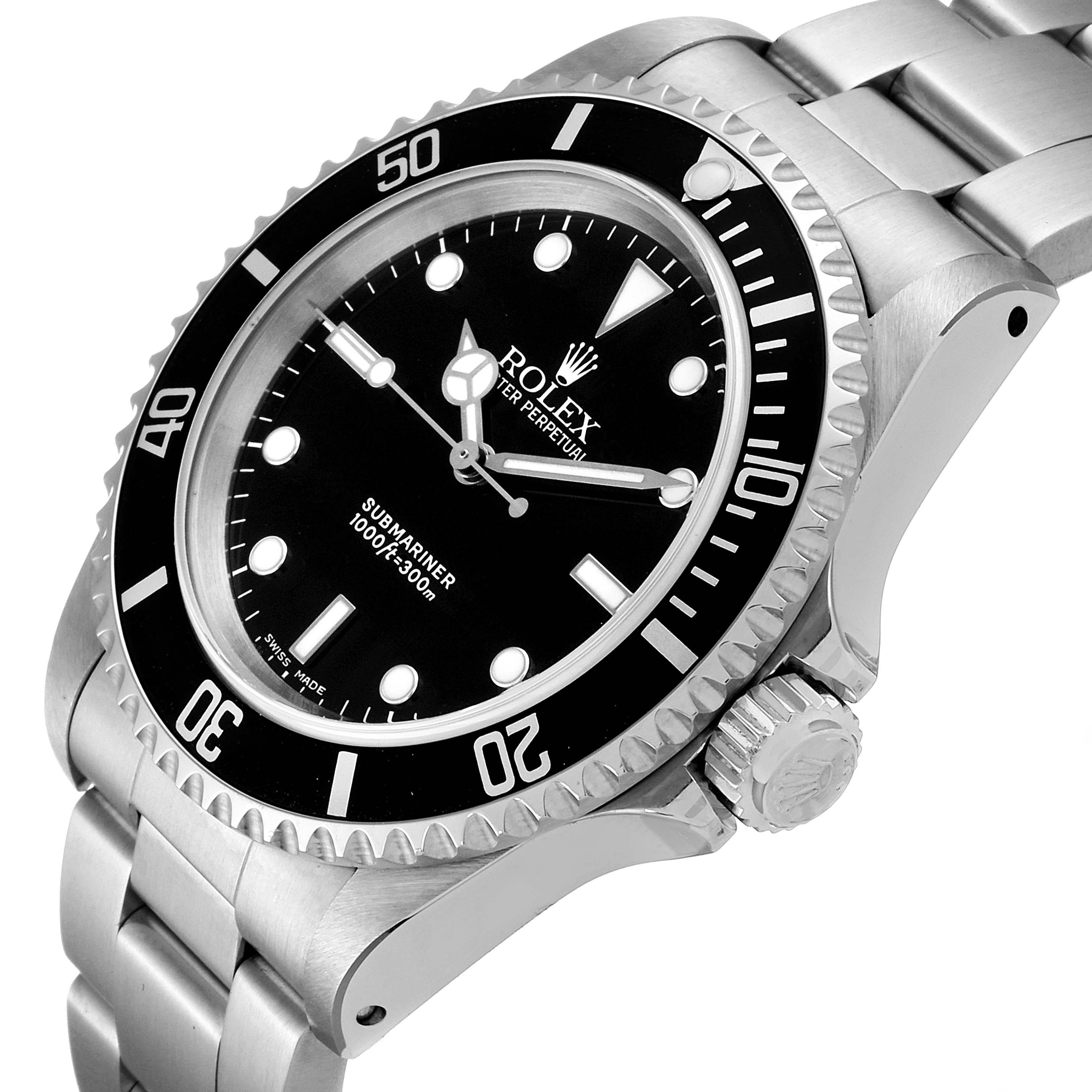 The image shows a Rolex Submariner 14060 Men's Stainless Steel Black Dial 14060 Men's Stainless Steel Black Dial watch at an angle highlighting its face, bezel, crown, and bracelet.