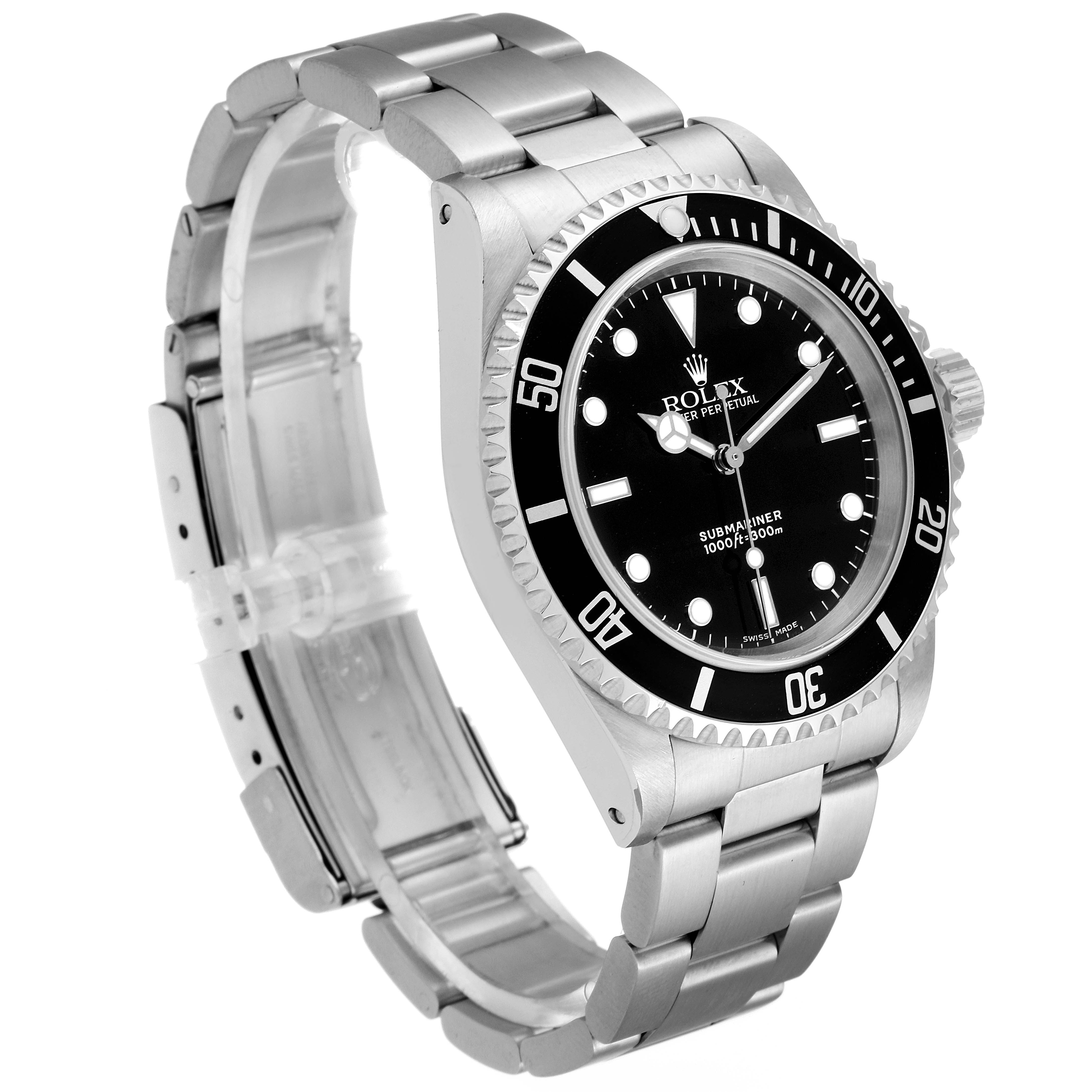 The image displays a side angle of the Rolex Submariner 14060 Men's Stainless Steel Black Dial 14060 Men's Stainless Steel Black Dial watch, showing its bracelet, dial, bezel, and crown.